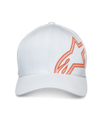 Alpinestars Share Hat, Baseball-Cap, Weiß, mit großem orangefarbenem HD-Puffdruck-Astars-Logo an der Seite, gebogener Schirm mit strukturierter Krone, lässige Motorsport-Kopfbedeckung