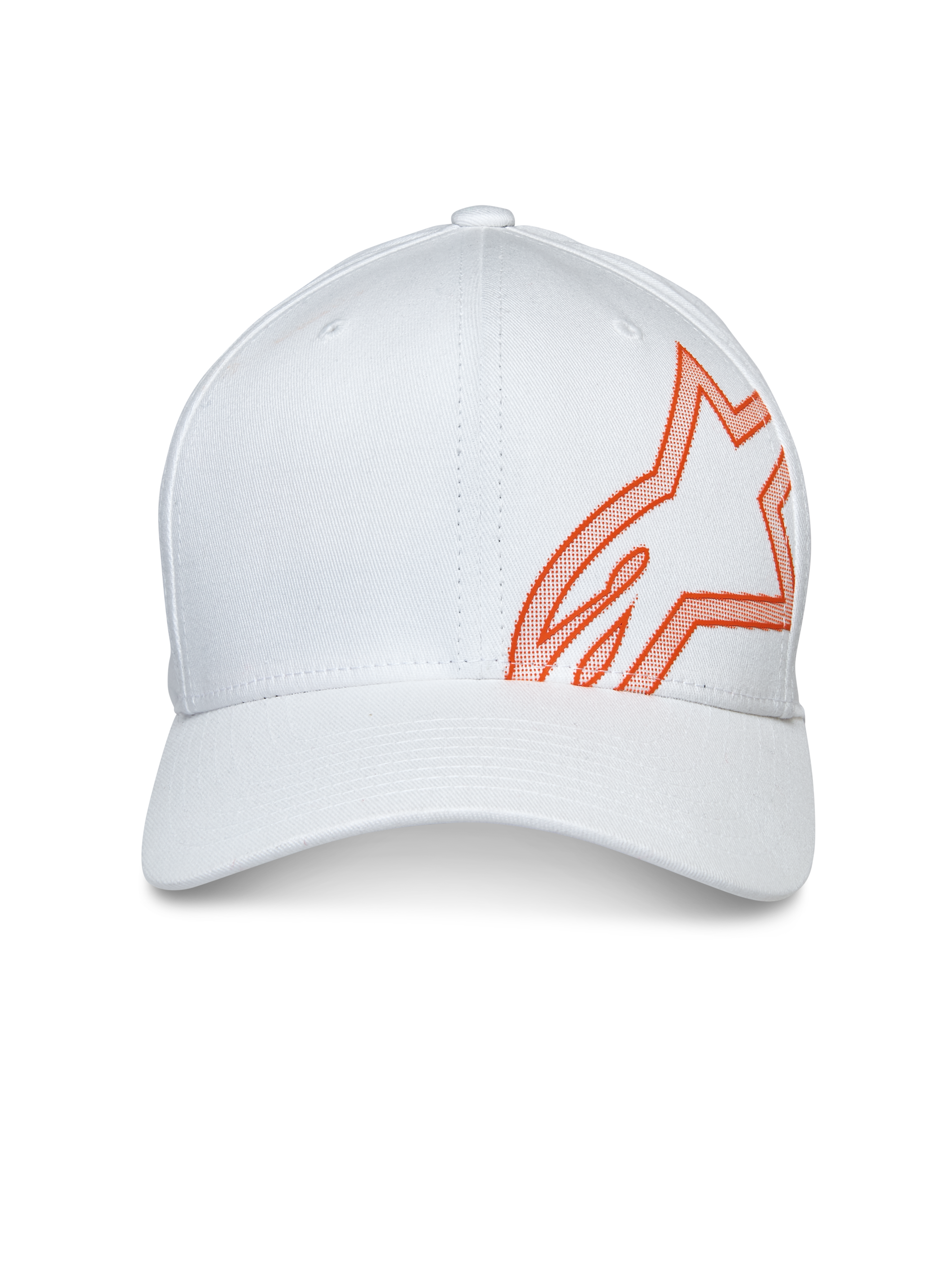 Alpinestars Share Hat, Baseball-Cap, Weiß, mit großem orangefarbenem HD-Puffdruck-Astars-Logo an der Seite, gebogener Schirm mit strukturierter Krone, lässige Motorsport-Kopfbedeckung