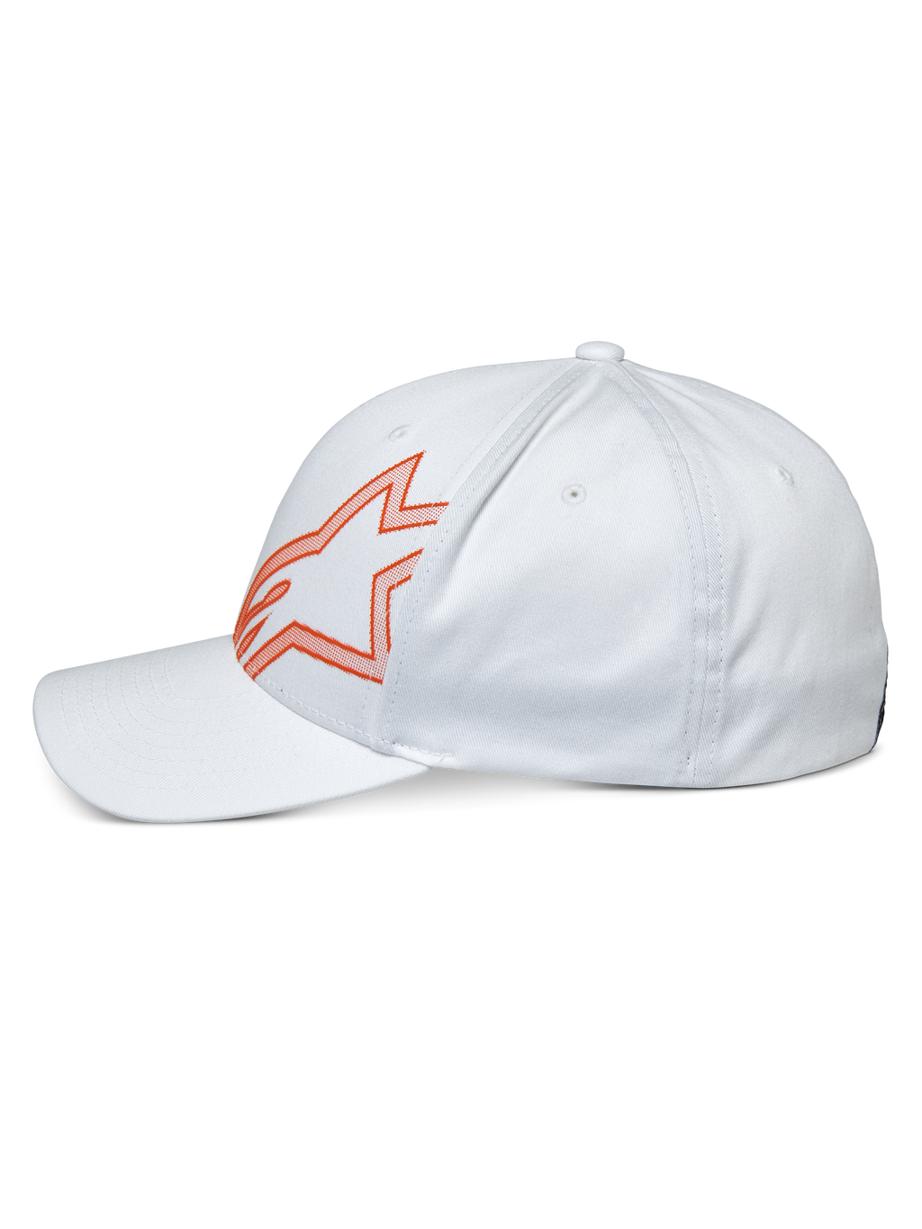 Alpinestars Share Cap, lässige weiße Kappe, Seitenprofil mit orange umrandetem Astars-Logo, gebogener Schirm und strukturierte Krone, Motorsport-inspirierte Streetwear