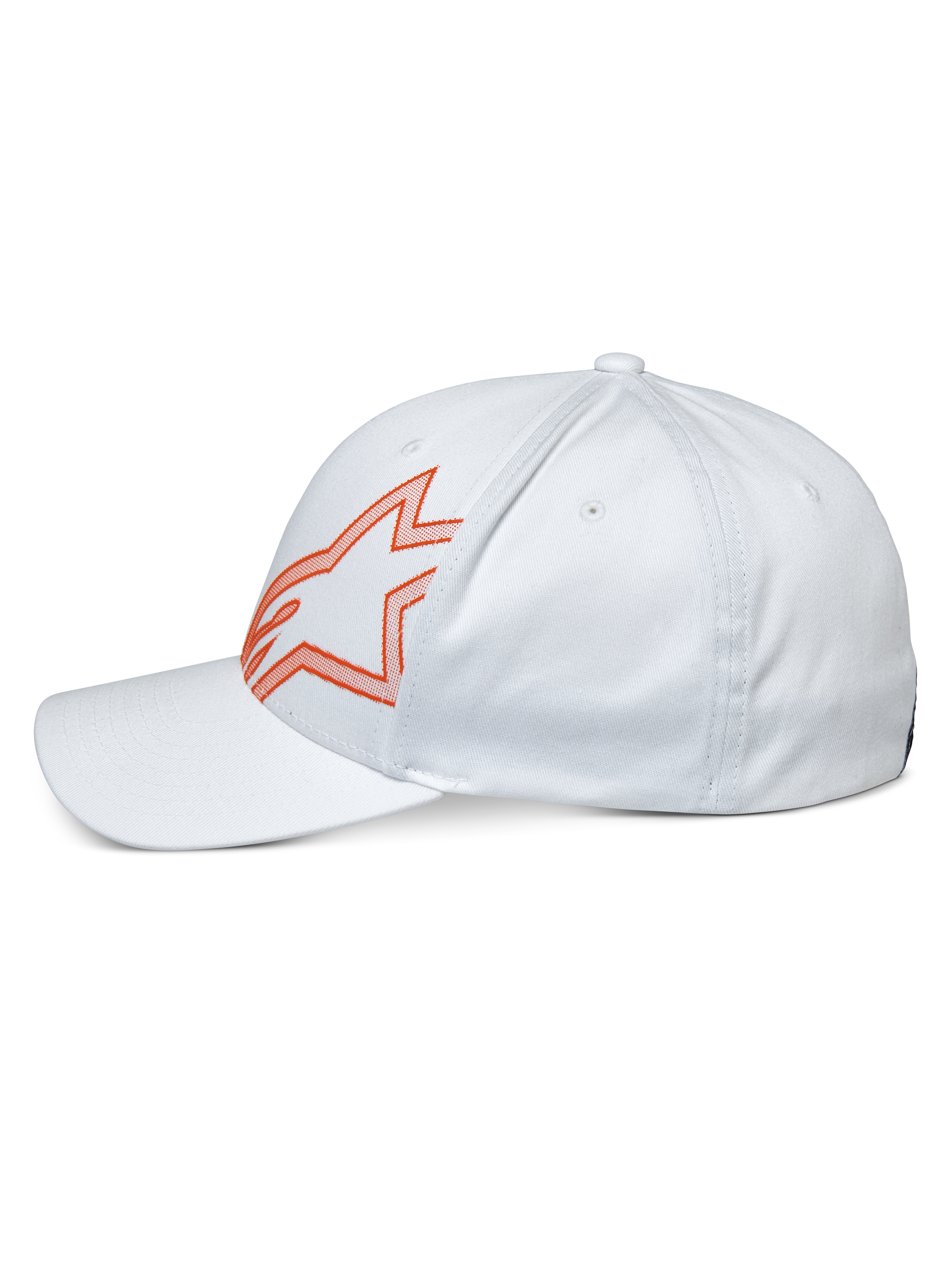 Alpinestars Share Cap, lässige weiße Kappe, Seitenprofil mit orange umrandetem Astars-Logo, gebogener Schirm und strukturierte Krone, Motorsport-inspirierte Streetwear