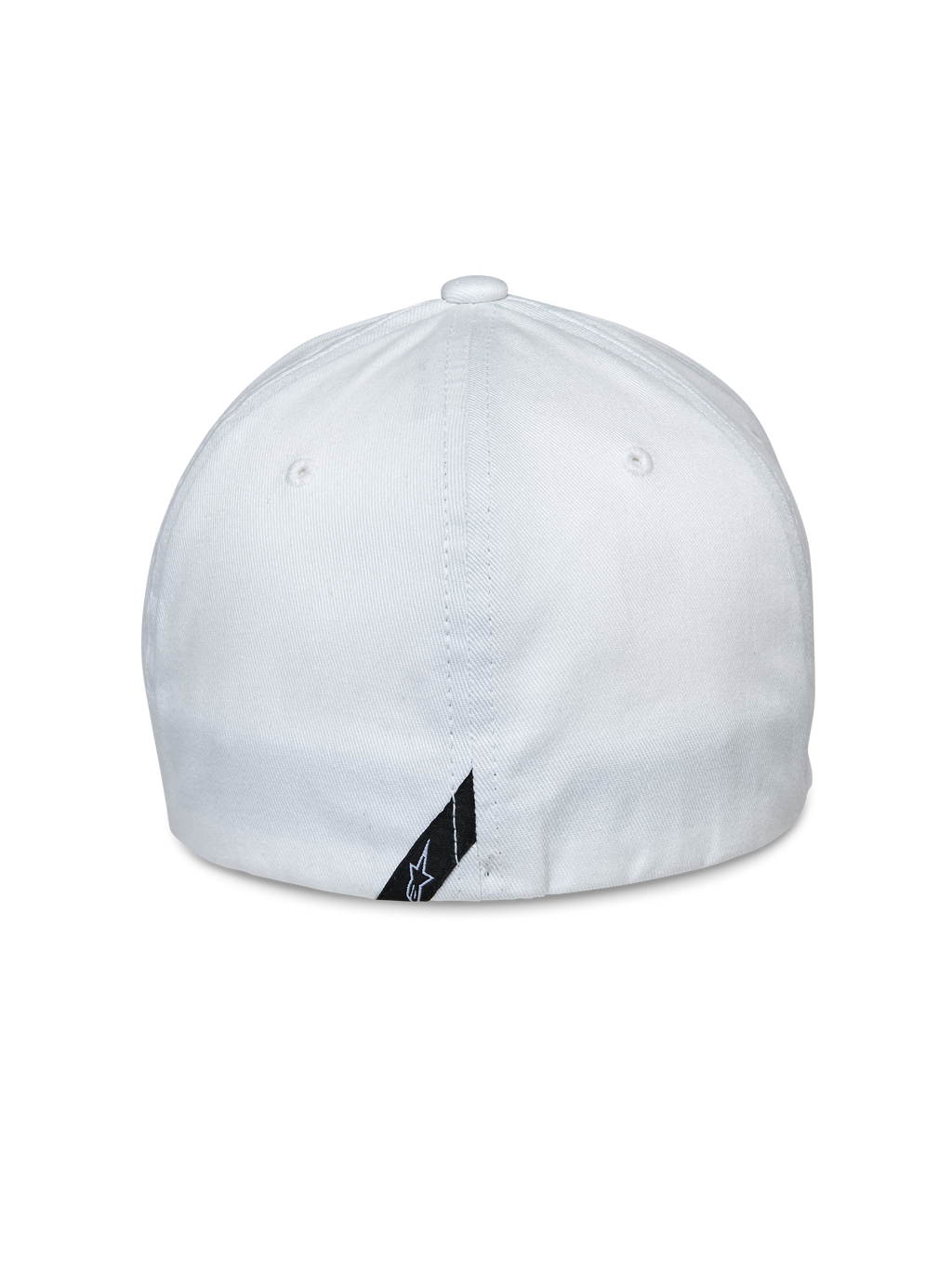 Alpinestars Share Hat, Rückansicht, weiße Flex-Back-Baseballkappe, Stretch-Twill-Gewebe, mit kleinem schwarzem Logo-Etikett am unteren Rand, lässiges Sport-Accessoire