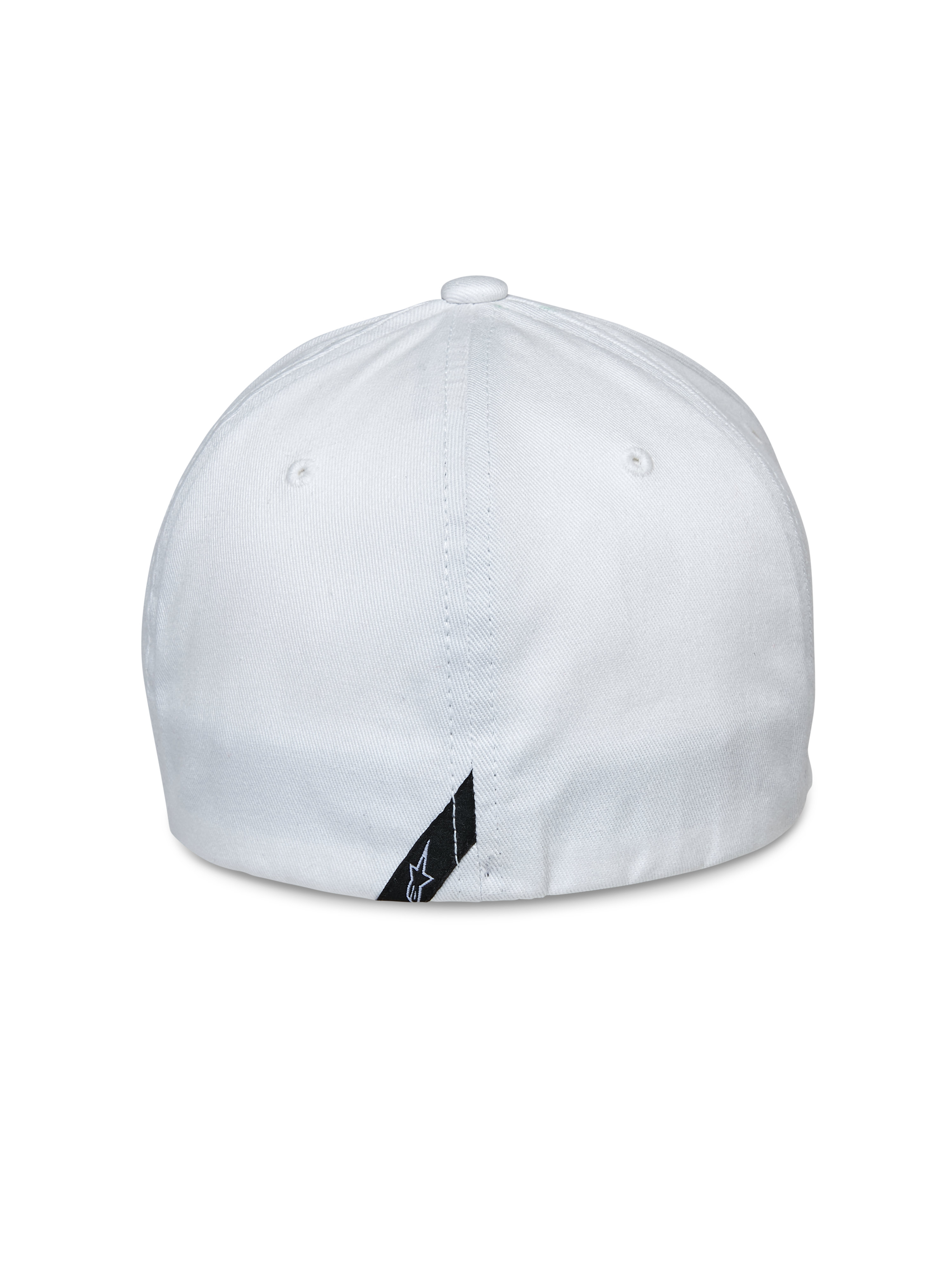 Alpinestars Share Hat, Rückansicht, weiße Flex-Back-Baseballkappe, Stretch-Twill-Gewebe, mit kleinem schwarzem Logo-Etikett am unteren Rand, lässiges Sport-Accessoire