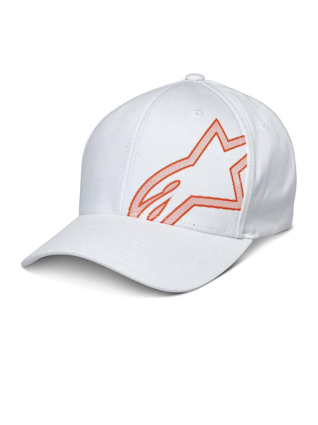 Alpinestars Share Hat, weiße Baseball-Kappe mit orangefarbenem HD-Puffdruck Astars-Logo, gebogener Schirm, strukturierte Krone, lässige Motorsport-Sportbekleidung.