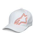 Alpinestars Share Hat, weiße Baseball-Kappe mit orangefarbenem HD-Puffdruck Astars-Logo, gebogener Schirm, strukturierte Krone, lässige Motorsport-Sportbekleidung.