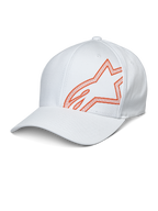 Alpinestars Share Hat, weiße Baseball-Kappe mit orangefarbenem HD-Puffdruck Astars-Logo, gebogener Schirm, strukturierte Krone, lässige Motorsport-Sportbekleidung.