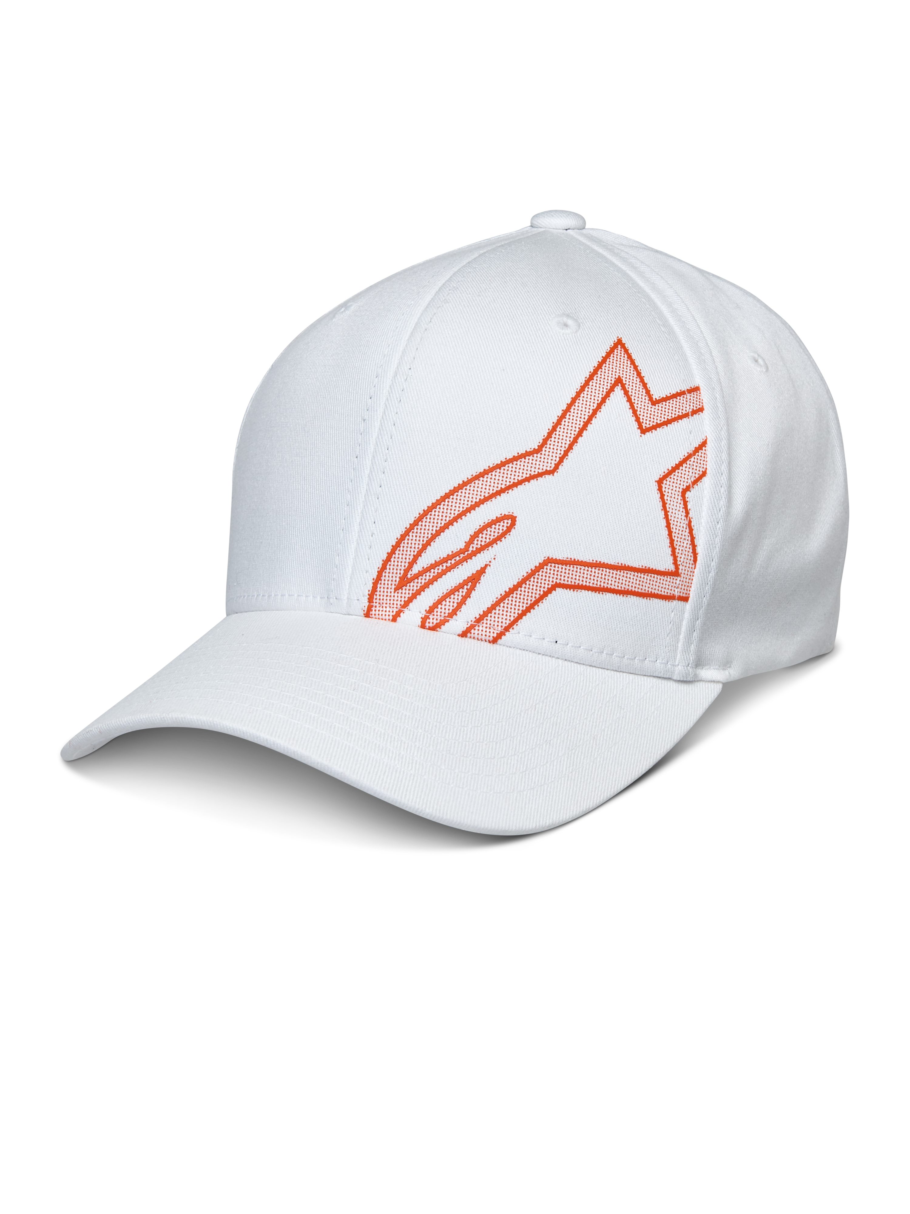 Alpinestars Share Hat, White Baseball Cap featuring an Orange HD Puff Print Astars Logo, Curved Bill and Structured Crown, Casual Motorsport Sportswear
