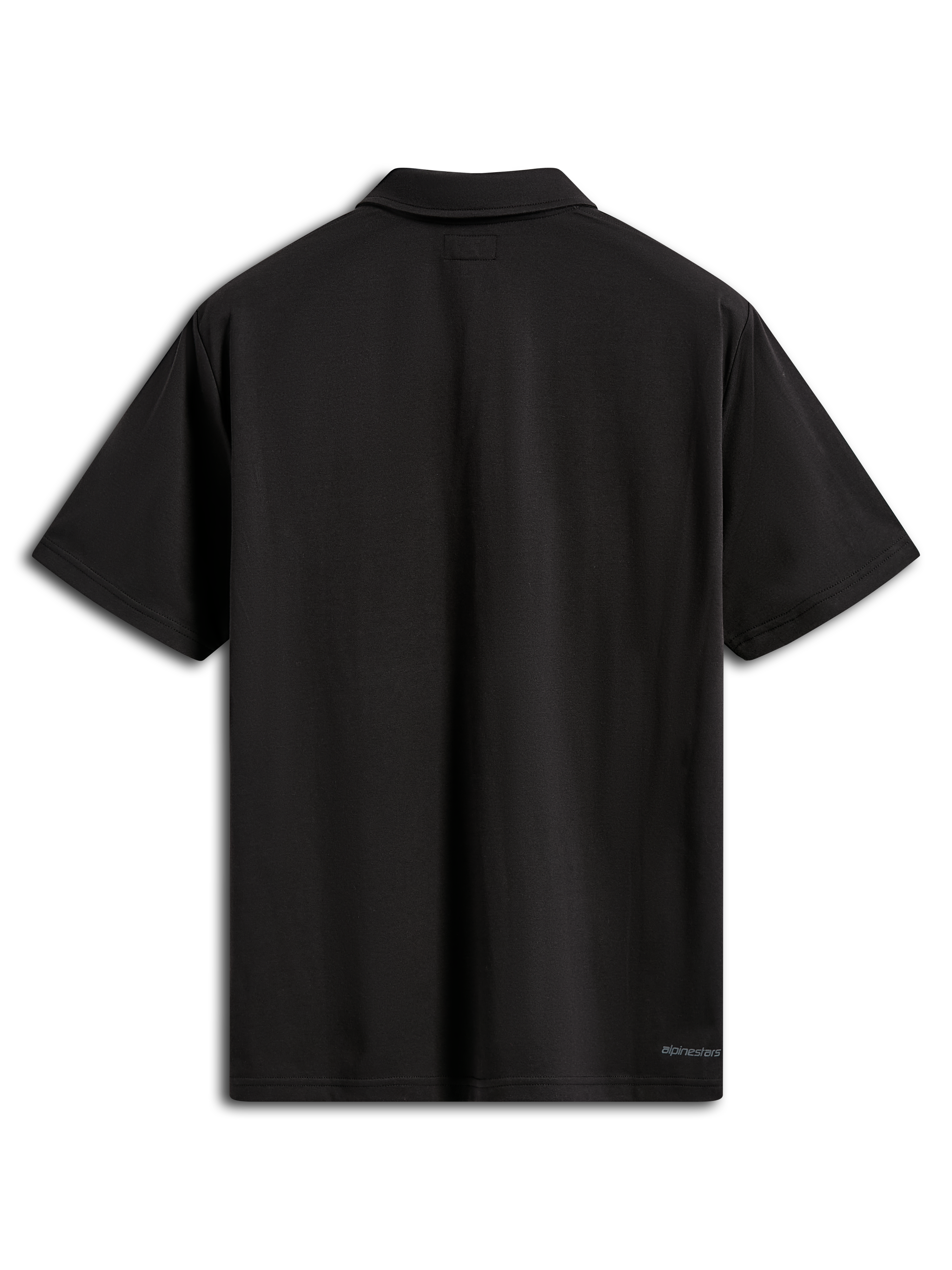 Alpinestars Impetus Sport Polo, Short Sleeve Polo Shirt, Black, Back view showing self-collar and small Alpinestars logo on the lower back hem, casual mock mesh sportswear