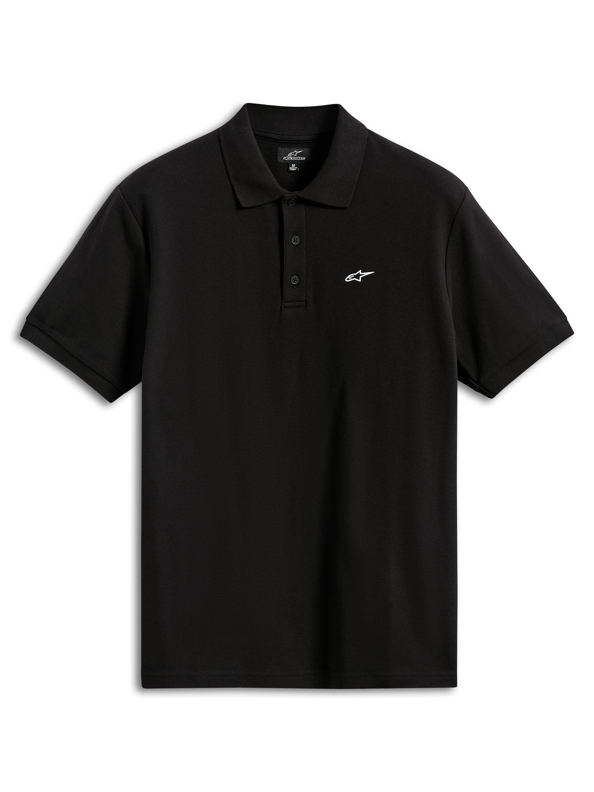 Alpinestars Endeavor Classic Polo, Kurzarm-Piqué-Poloshirt, Schwarz, mit kleinem weißen Astars-Logo auf der Brust, 3-Knopf-Leiste, Rippkragen und Rippbündchen, lässige Sportbekleidung