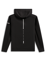 Alpinestars Insight Hoodie, Rückansicht, schwarzer Fleece-Kapuzenpullover, vertikaler weißer Streifen mit „RACING AHEAD“-Schriftzug, Alpinestars-Wortlogo auf dem Ärmel, lässige, vom Motorsport inspirierte Streetwear