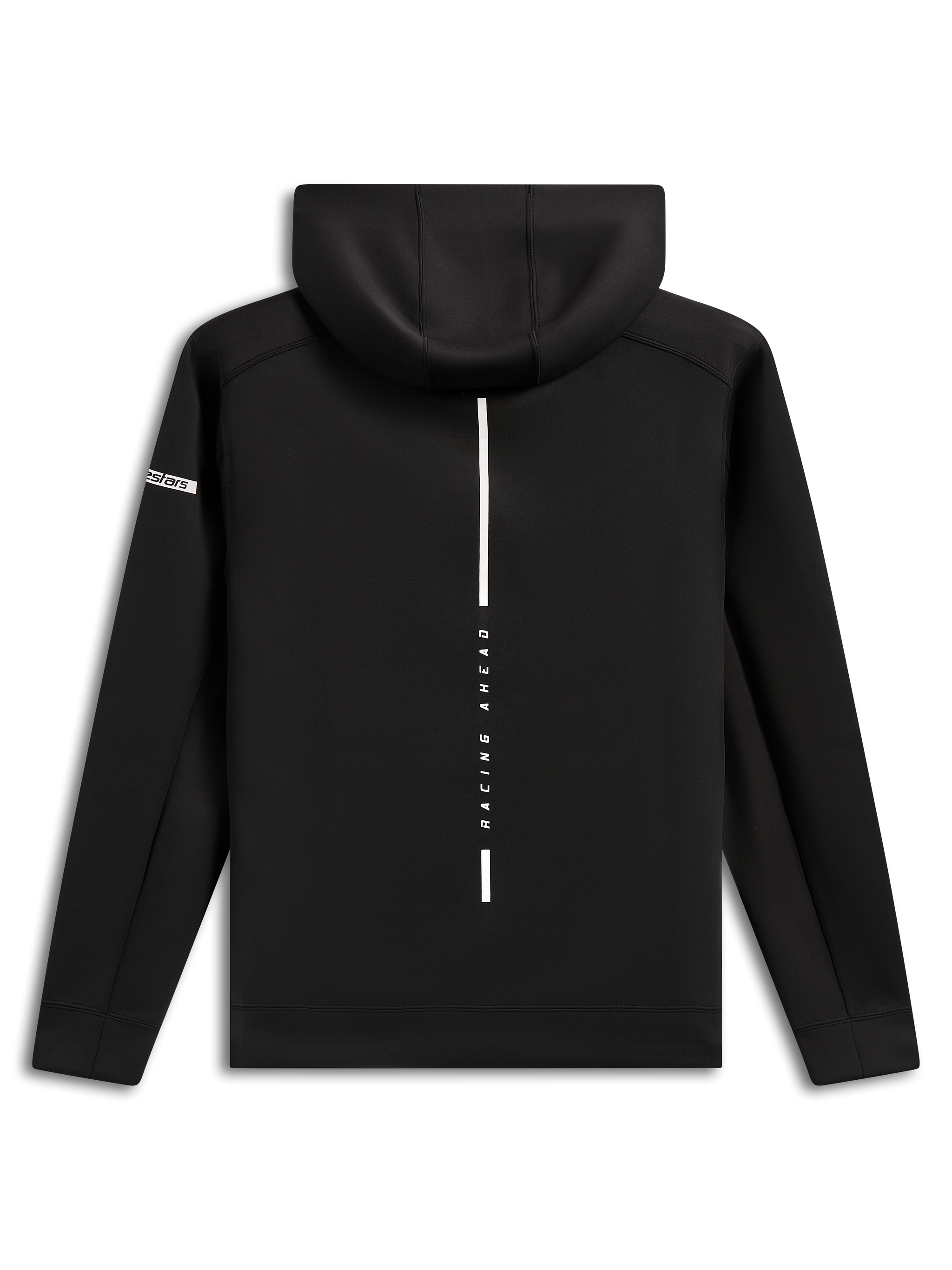 Alpinestars Insight Hoodie, Rückansicht, schwarzer Fleece-Kapuzenpullover, vertikaler weißer Streifen mit „RACING AHEAD“-Schriftzug, Alpinestars-Wortlogo auf dem Ärmel, lässige, vom Motorsport inspirierte Streetwear