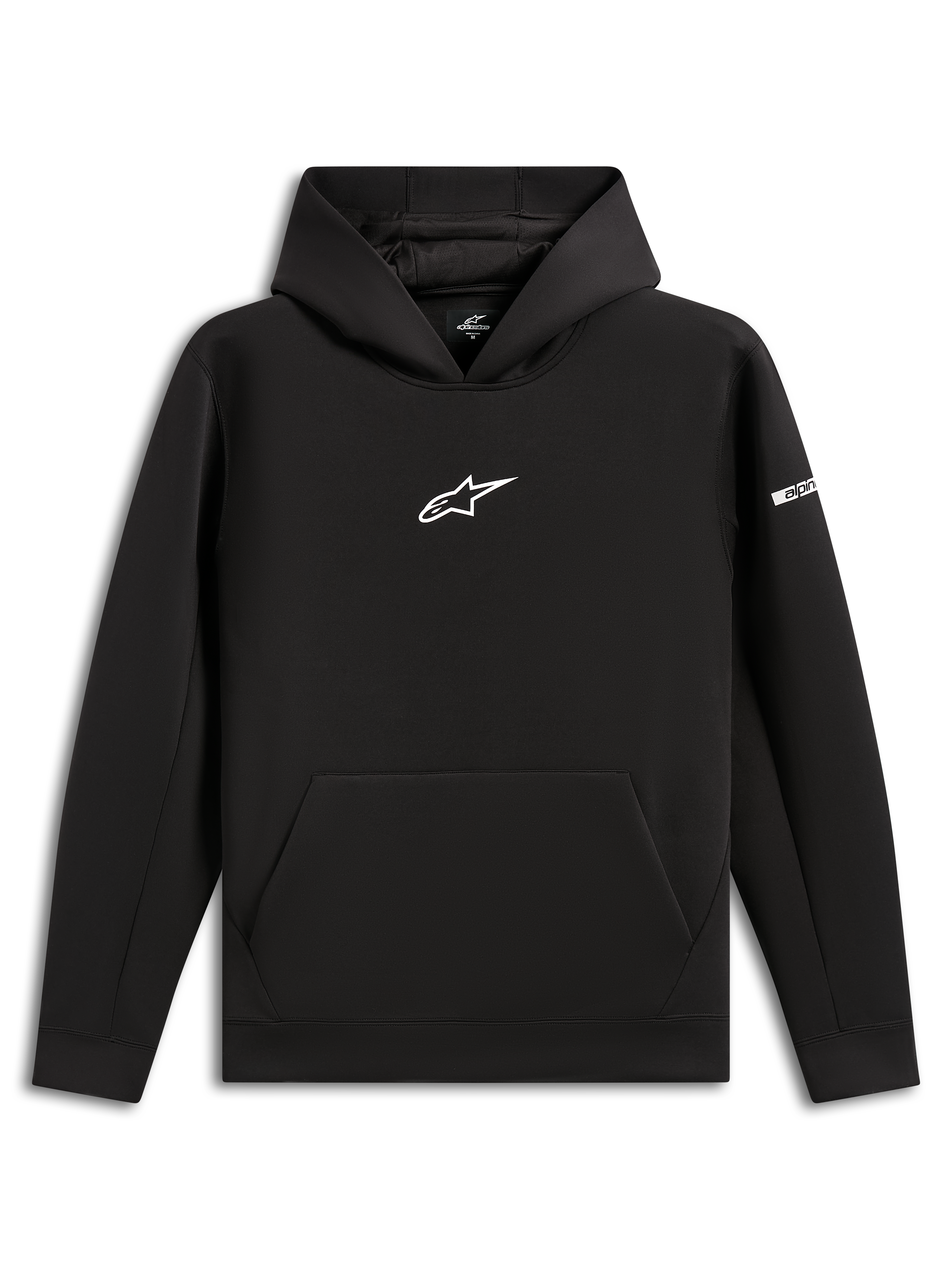 Alpinestars Insight Hoodie, Black pullover sweatshirt, white Astars logo on chest, kangaroo pocket, mesh-lined hood, casual motorsport-inspired streetwear