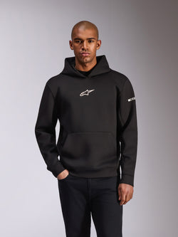 Alpinestars Insight Hoodie, Black Pullover Hoodie, white Astars logo on chest and wordmark on sleeve, kangaroo pocket, tri-blend double face fleece, casual motorsport streetwear