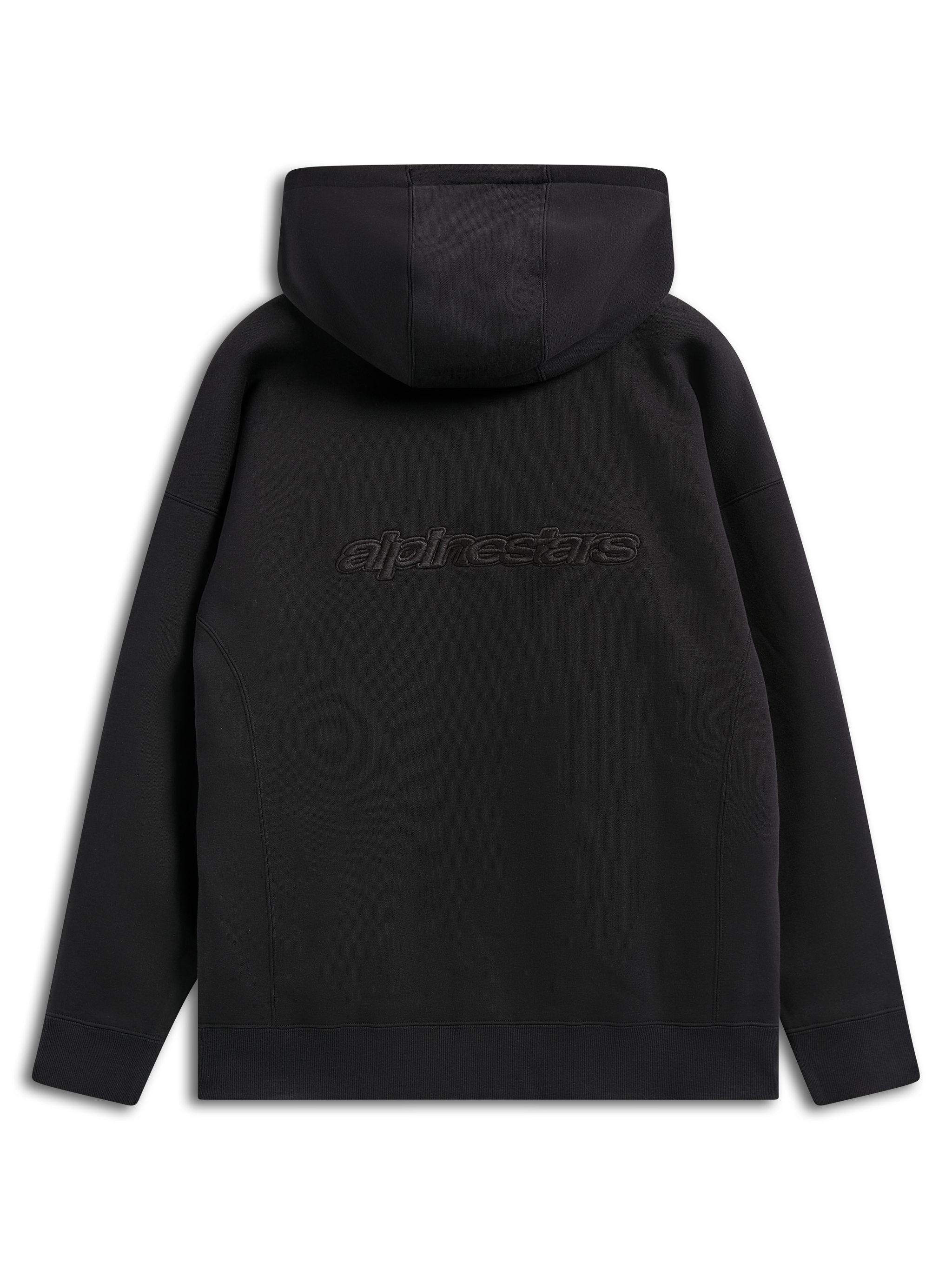 Alpinestars Emergent Oversized Hoodie, schwarze lässige Streetwear, Rückansicht mit gesticktem Alpinestars-Wortlogo, Oversized-Passform mit Kapuzendesign und Rippbündchen am Saum