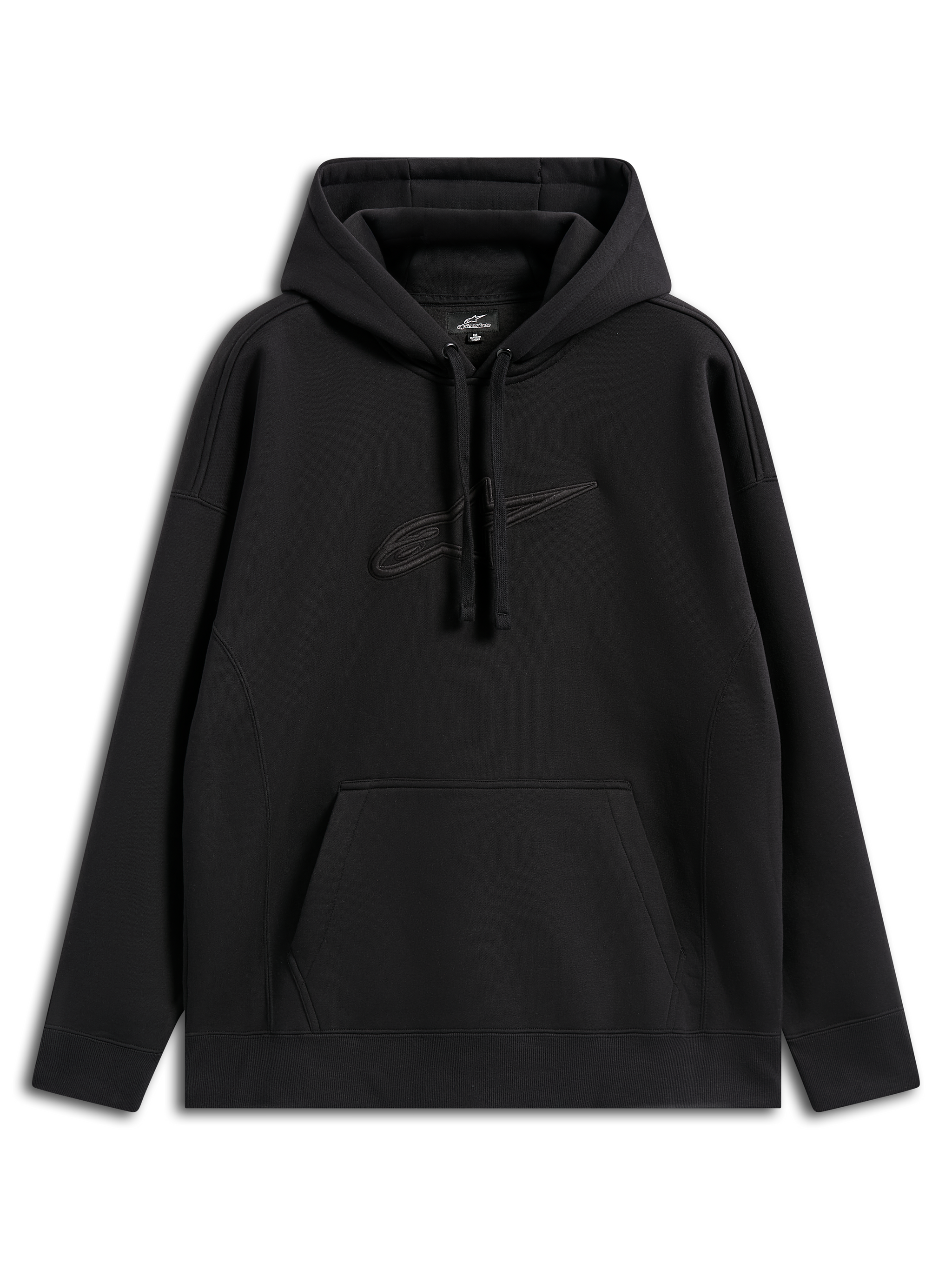 Alpinestars Emergent Oversized Hoodie, lässiger Streetwear-Kapuzenpullover, Schwarz mit farblich passend besticktem Astars-Logo, Oversized-Passform, Kapuze mit Kordelzug, Kängurutasche, modernes, vom Motorsport inspiriertes Design