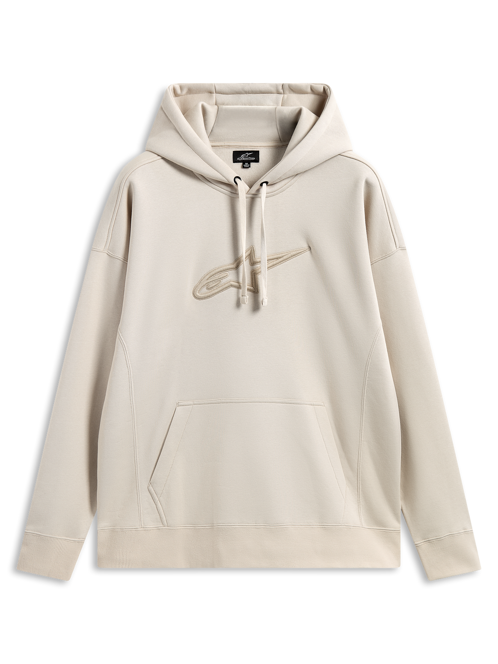 Alpinestars Emergent Oversized Hoodie, casual motorsport streetwear, sand color with tonal 3D embroidered Astars logo, drawstring hood, kangaroo pocket, relaxed oversized fit