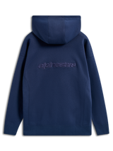 Alpinestars Emergent Oversized Hoodie, Marineblau, Rückansicht mit besticktem Alpinestars-Wortlogo, oversized geschnittener Fleece-Hoodie, lässige Streetwear mit Kapuze mit Kordelzug und Rippbündchen