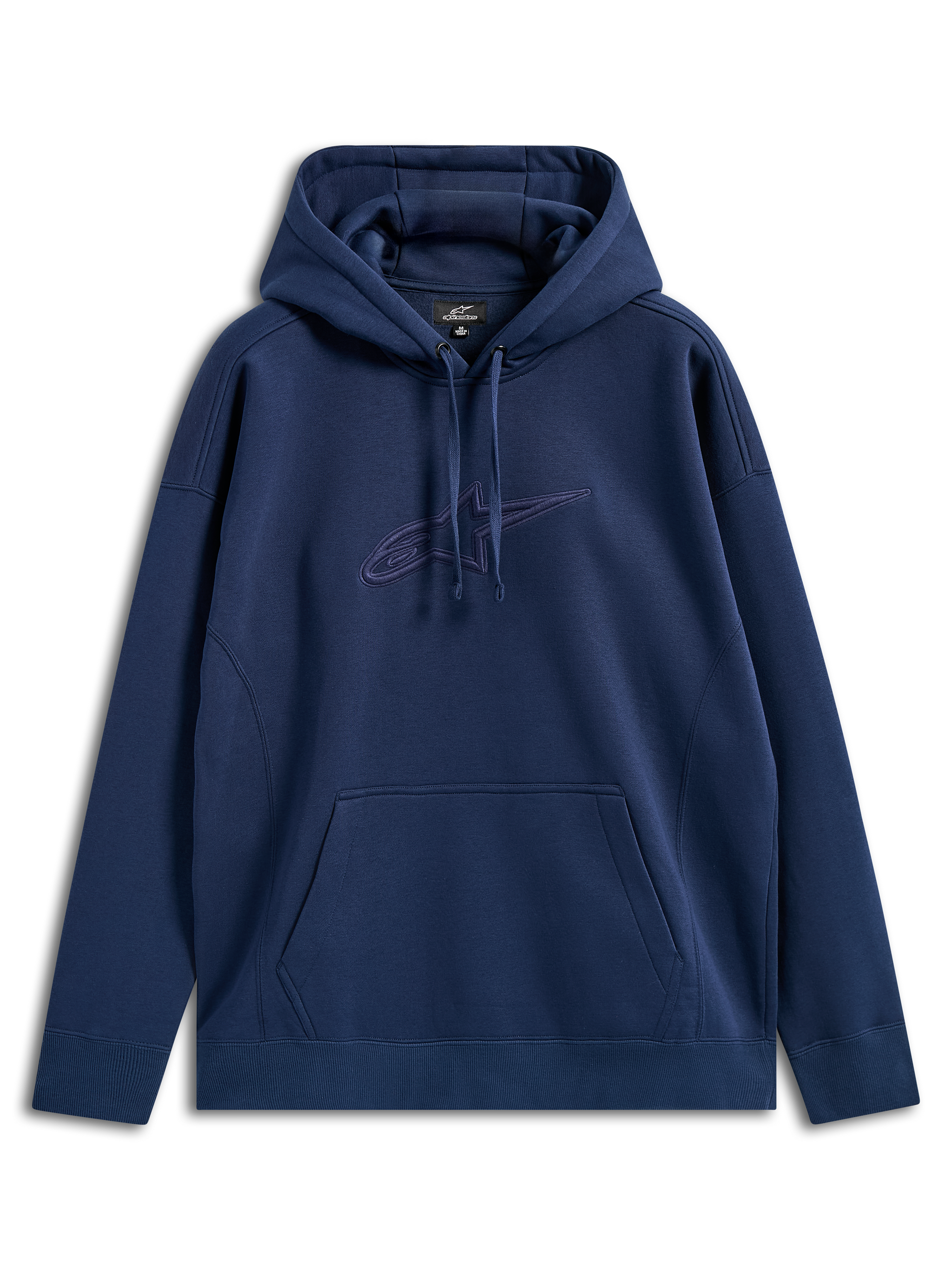 Alpinestars Emergent Oversized Hoodie, Dunkelblau, Fleece-Hoodie mit tonaler 3D-Stickerei des Astars-Logos auf der Brust, Kängurutasche, Kapuze mit Kordelzug, lockere Passform, lässige Streetwear