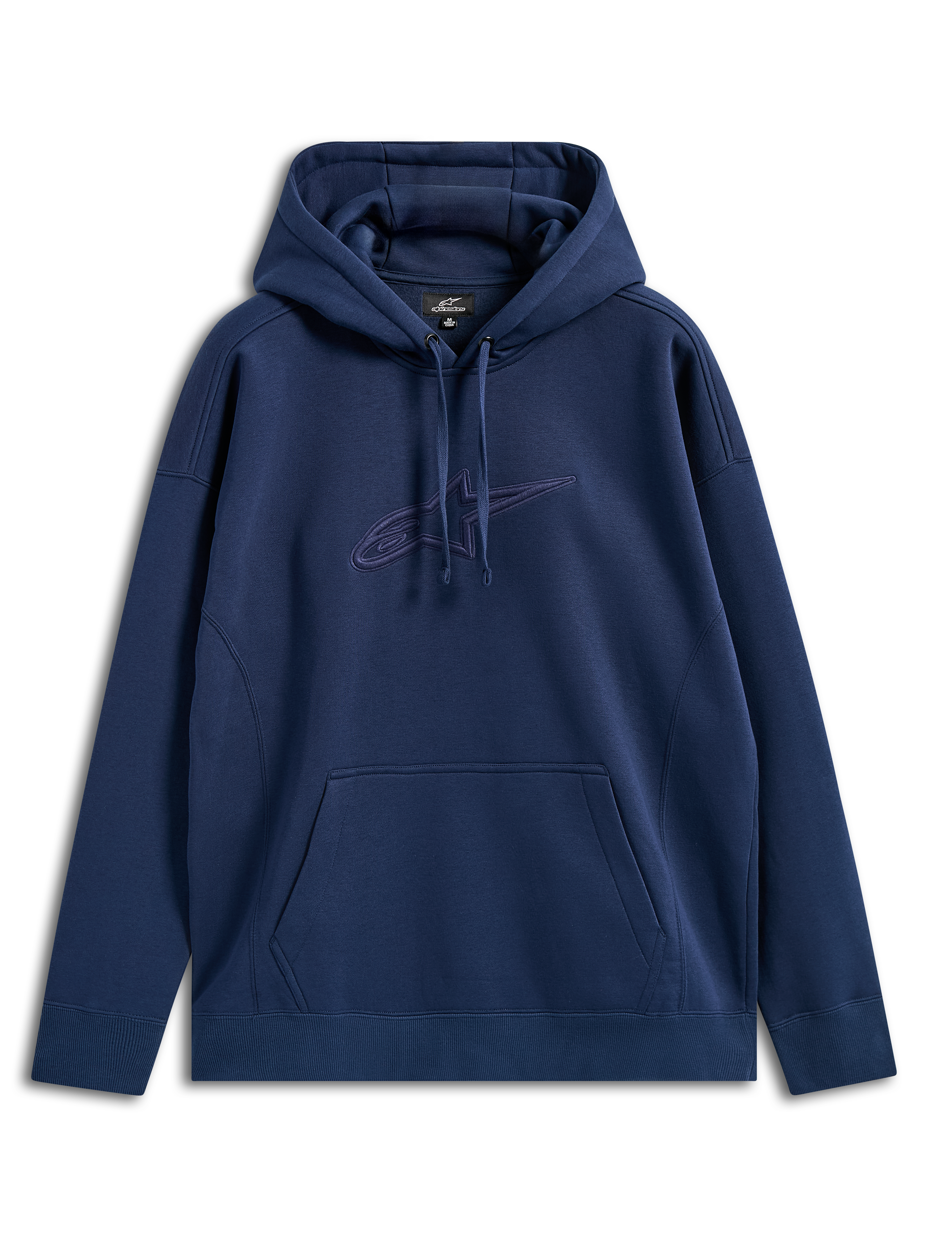 Alpinestars Emergent Oversized Hoodie, Dunkelblau, Fleece-Hoodie mit tonaler 3D-Stickerei des Astars-Logos auf der Brust, Kängurutasche, Kapuze mit Kordelzug, lockere Passform, lässige Streetwear