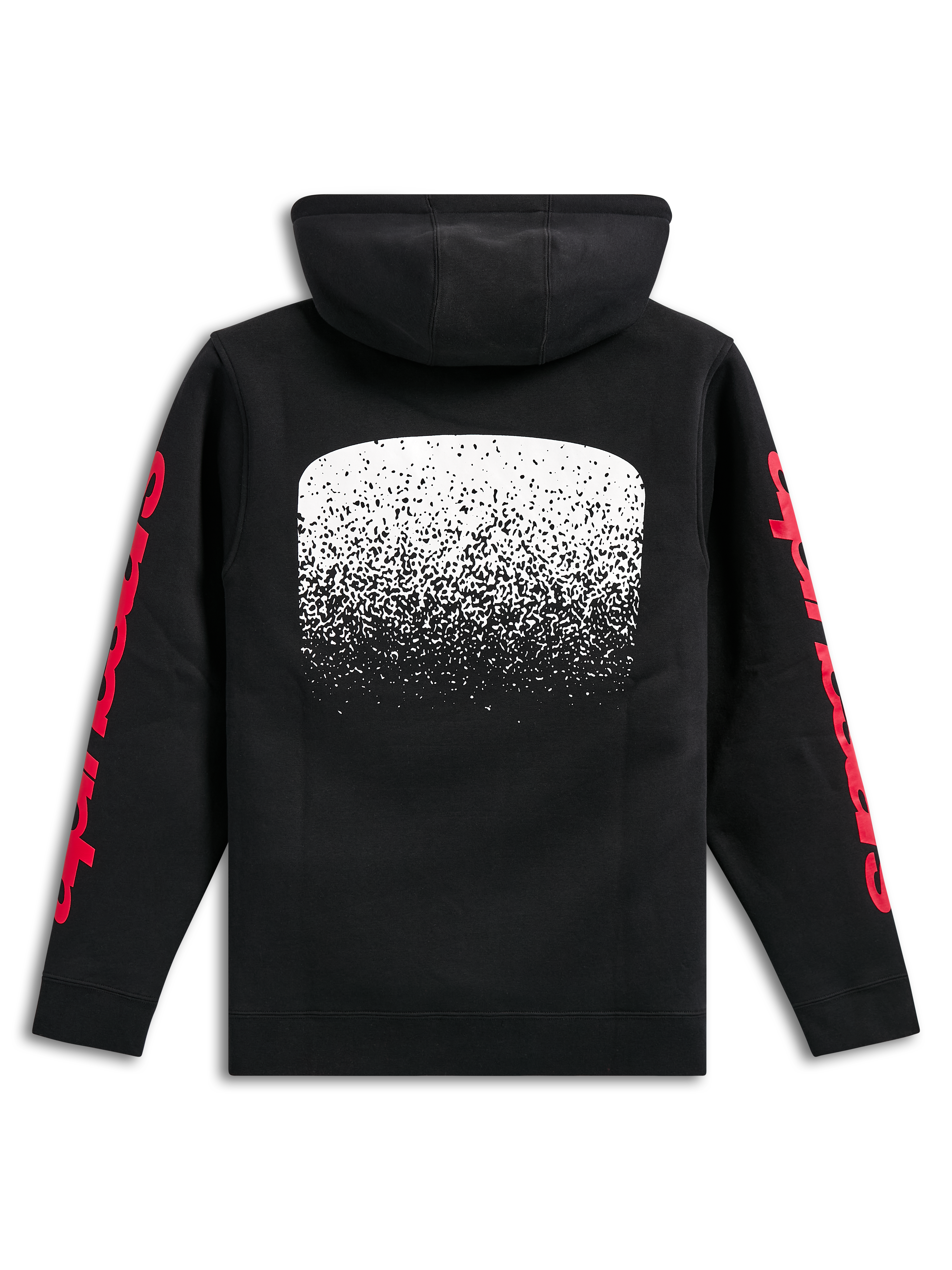 Alpinestars Obsessed Hoodie, schwarzer Fleece-Kapuzenpullover, Rückansicht, große weiße MX-Grafik mit Farbverlauf auf der Rückseite, rote Alpinestars-Schriftzüge auf den Ärmeln, lässige vom Motorsport inspirierte Streetwear