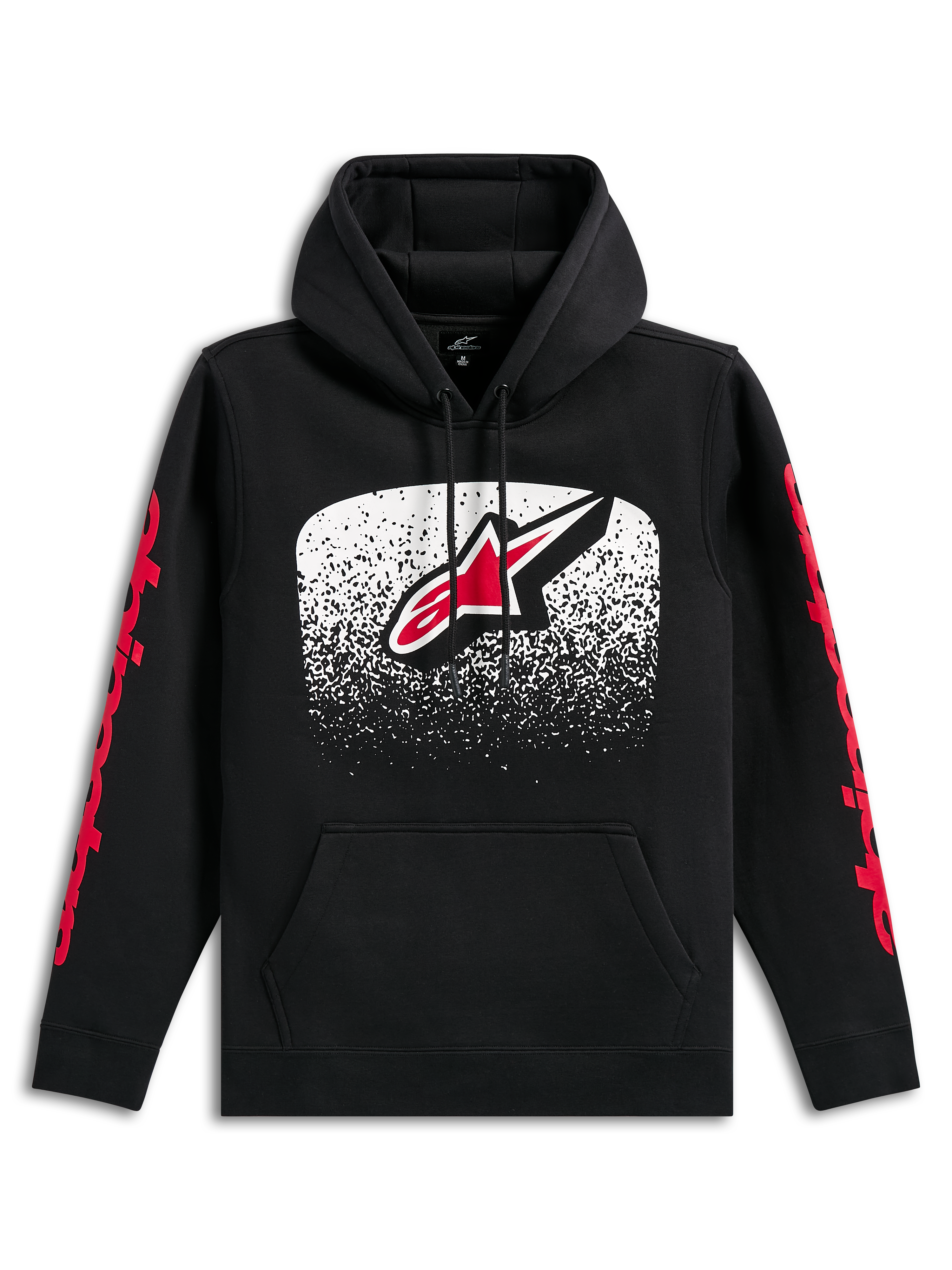 Alpinestars Obsessed Kapuzenpullover, schwarzer Hoodie, großes Astars-Logo auf der Vorderseite mit weißem und rotem MX-Farbverlauf, rote Alpinestars-Schriftzüge auf den Ärmeln, Kapuze mit Kordelzug und Kängurutasche, lässige Motorsport-inspirierte Streetwear