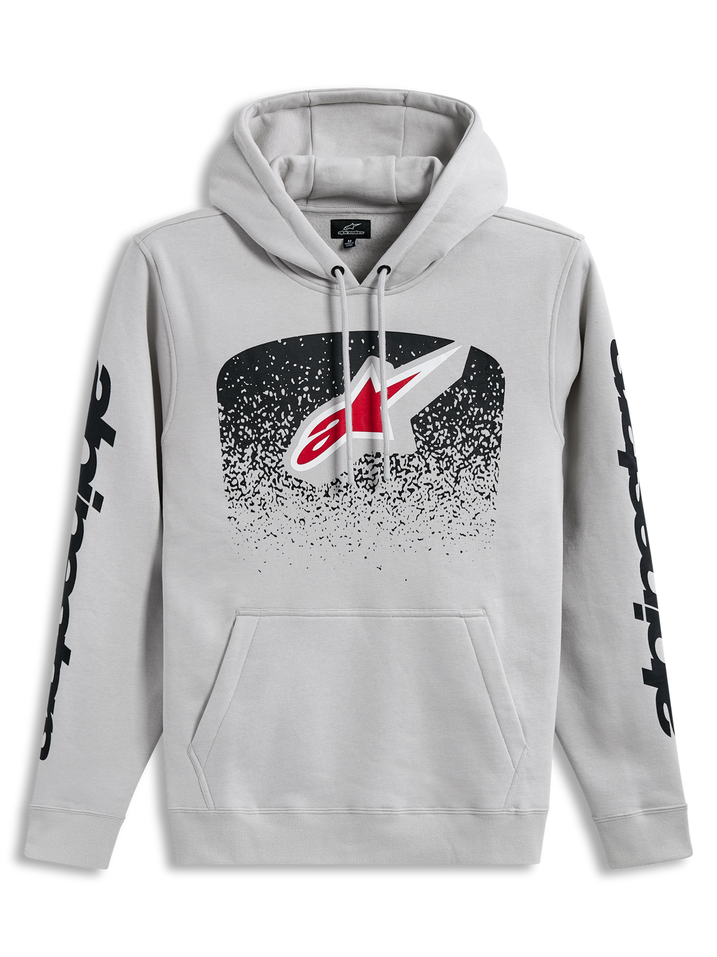 Alpinestars Obsessed Hoodie, Kapuzenpullover in Zementgrau mit MX-Farbverlauf-Frontlogo und schwarzen Ärmelgrafiken.