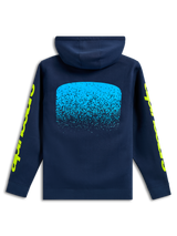 Alpinestars Obsessed Hoodie, Rückansicht, Navyblau, hellblaue MX-Farbverlaufsgrafik auf der Rückseite, gelbe Alpinestars Wort-Logos auf den Ärmeln, lässige Motorsport-Streetwear