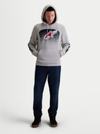 Alpinestars Obsessed Hoodie, Herren-Kapuzenpullover aus Fleece in Grau mit rot-schwarzen MX-inspirierten Verlaufsgrafiken, Astars-Logo auf der Brust und Branding am Ärmel, weiche Baumwoll-Polyester-Mischung für einen lässigen Motorsport-Lifestyle.
