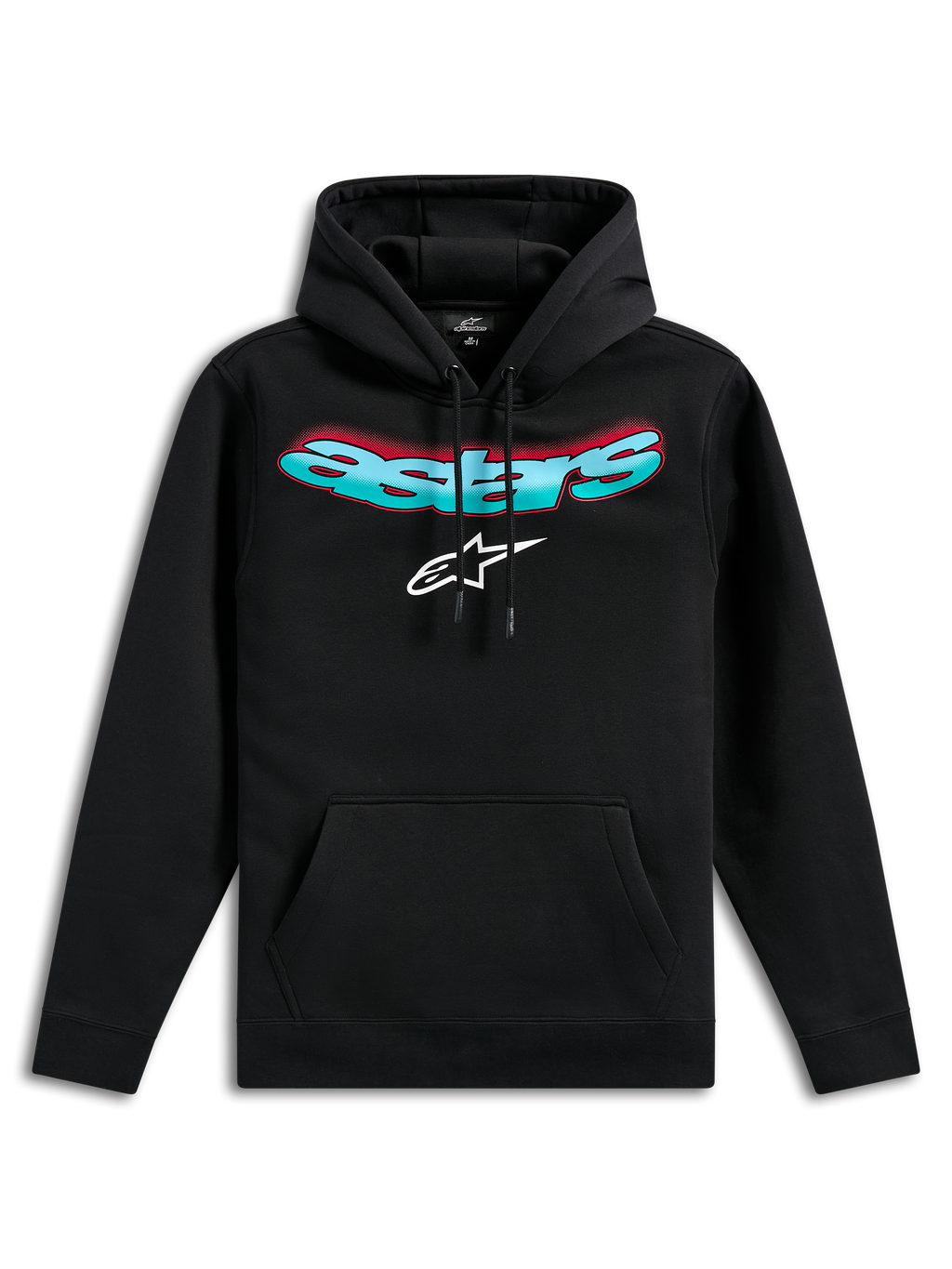 Alpinestars Ellipsoid Hoodie, schwarzer Fleece-Kapuzenpullover, mit geschwungenem Astars-Schriftzug mit Farbverlauf in Türkis und Rot und weißem Stern-Logo, Kapuze mit Kordelzug, Kängurutasche, lässige vom Motorsport inspirierte Streetwear