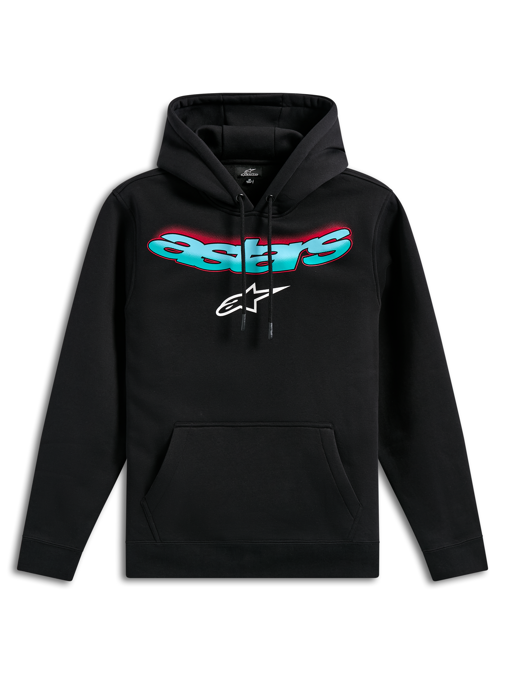 Alpinestars Ellipsoid Hoodie, black pullover fleece, featuring curved teal and red gradient Astars wordmark and white star logo, drawstring hood, kangaroo pocket, casual motorsport-inspired streetwear