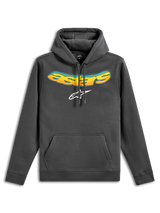 Alpinestars Ellipsoid Kapuzenpullover, Fleece-Hoodie, Gunmetal-Grau, mit gebogenem Astars-Schriftzug im gelb-orangen Farbverlauf und weißem Astars-Logo, Kängurutasche vorne, lässige, vom Motorsport inspirierte Streetwear