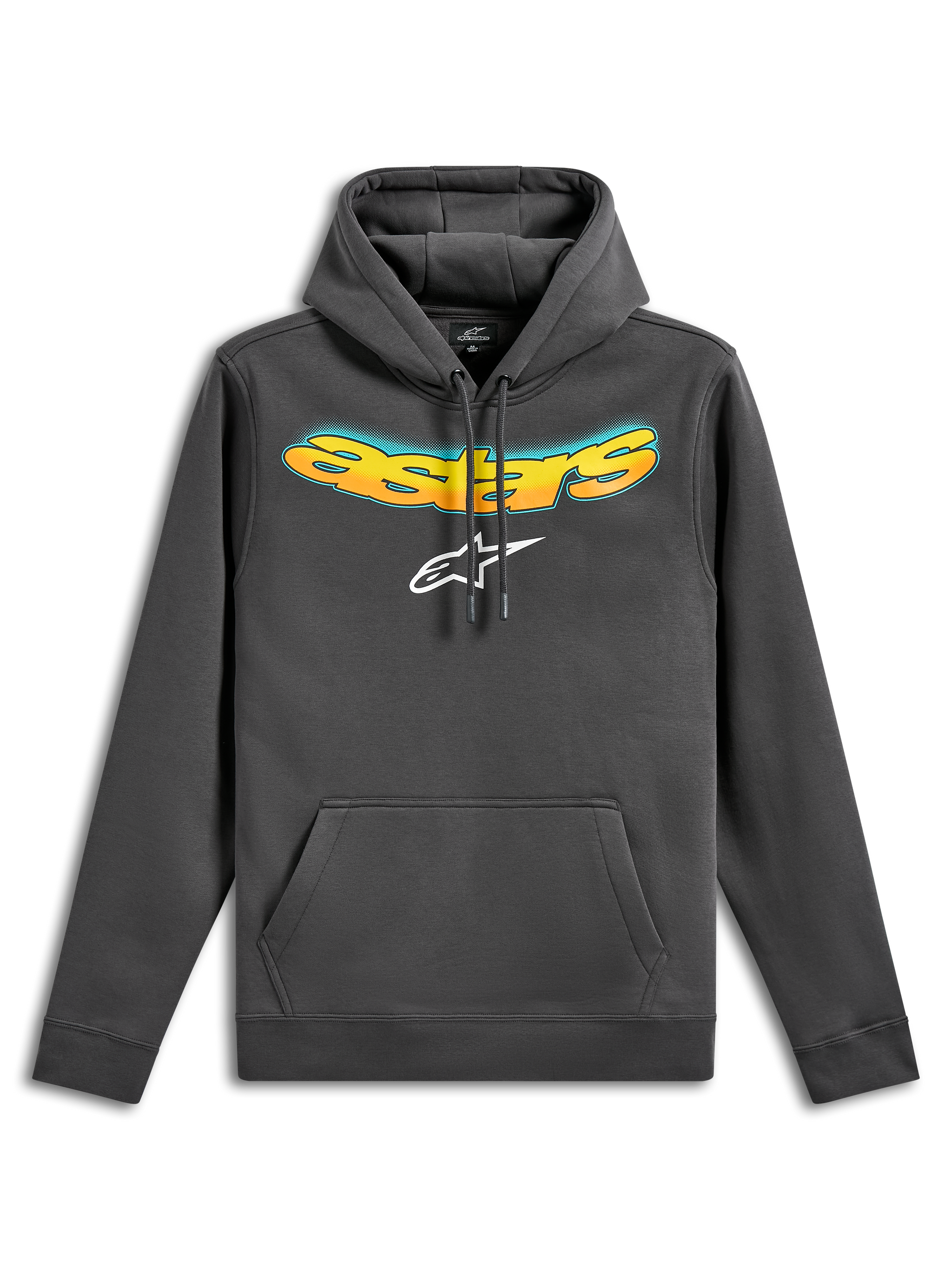 Alpinestars Ellipsoid Kapuzenpullover, Fleece-Hoodie, Gunmetal-Grau, mit gebogenem Astars-Schriftzug im gelb-orangen Farbverlauf und weißem Astars-Logo, Kängurutasche vorne, lässige, vom Motorsport inspirierte Streetwear