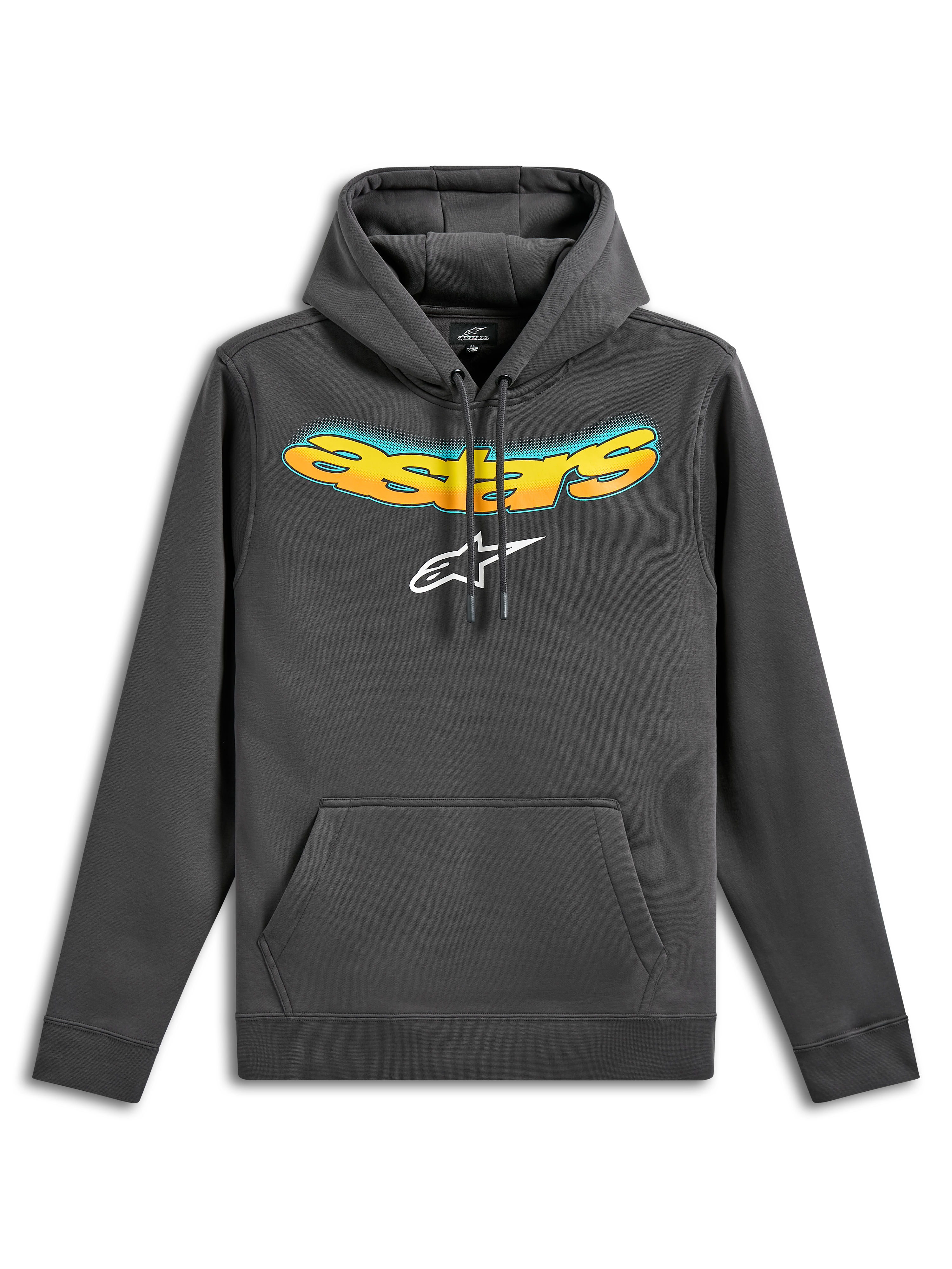 Alpinestars Ellipsoid Kapuzenpullover, Fleece-Hoodie, Gunmetal-Grau, mit gebogenem Astars-Schriftzug im gelb-orangen Farbverlauf und weißem Astars-Logo, Kängurutasche vorne, lässige, vom Motorsport inspirierte Streetwear