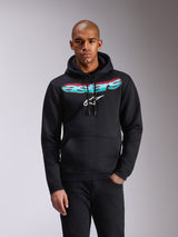 Alpinestars Ellipsoid Hoodie, black pullover fleece, teal and pink color gradient Astars wordmark and white star logo on the chest, drawstring hood, kangaroo pocket, casual sportswear