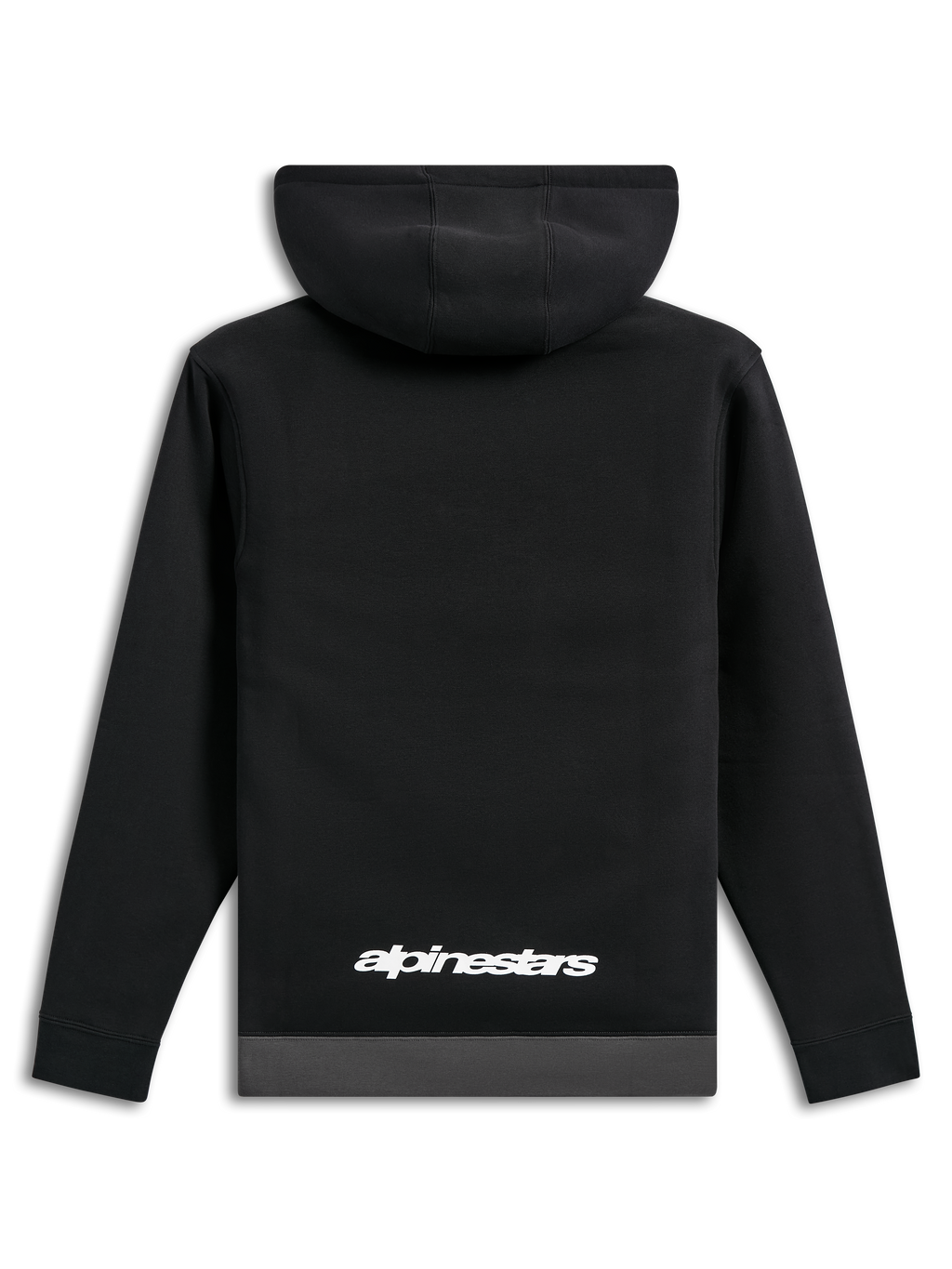Alpinestars Parallel Hoodie, Rückansicht, schwarz mit gunmetal-grauem Saum, weißes Alpinestars-Wortlogo am unteren Rücken, lässige, vom Motorsport inspirierte Streetwear, lange Ärmel mit Rippbündchen
