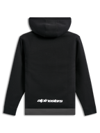 Alpinestars Parallel Hoodie, Rückansicht, schwarz mit gunmetal-grauem Saum, weißes Alpinestars-Wortlogo am unteren Rücken, lässige, vom Motorsport inspirierte Streetwear, lange Ärmel mit Rippbündchen