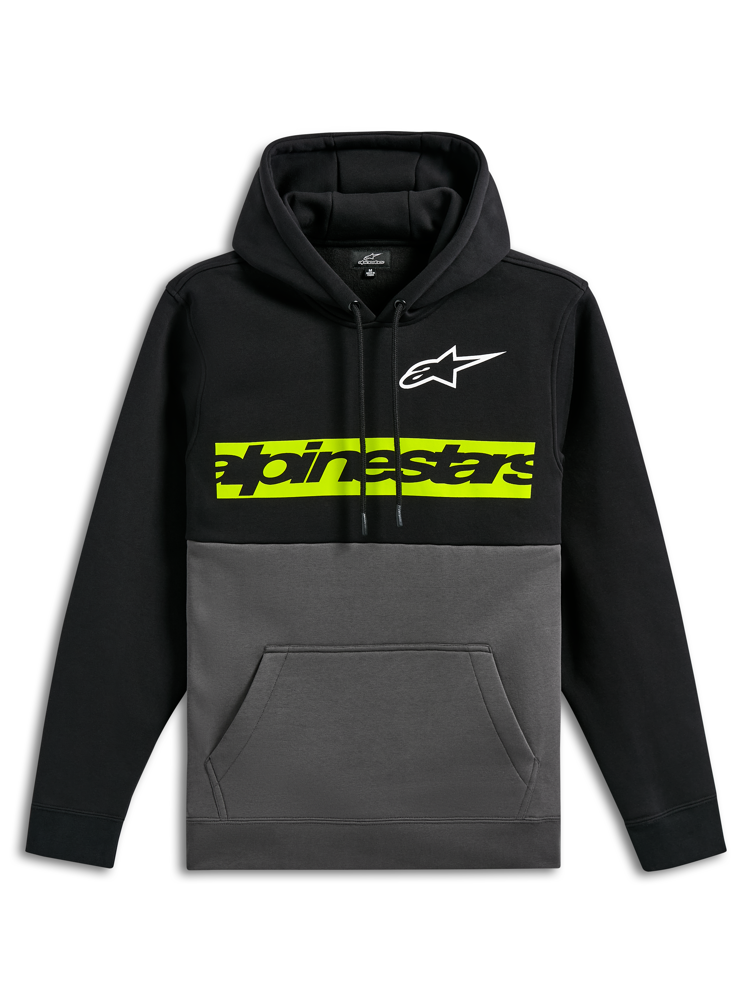 Alpinestars Parallel Hoodie, lässiger Fleece-Kapuzenpullover im Color-Block-Design, schwarzes Oberteil und Ärmel mit gunmetal-grauem Unterteil, weißes Astars-Logo auf der Brust, leuchtend gelb-grüner horizontaler Balken mit schwarzem Alpinestars-Wortlogo, Kapuze mit Kordelzug und Kängurutasche vorne