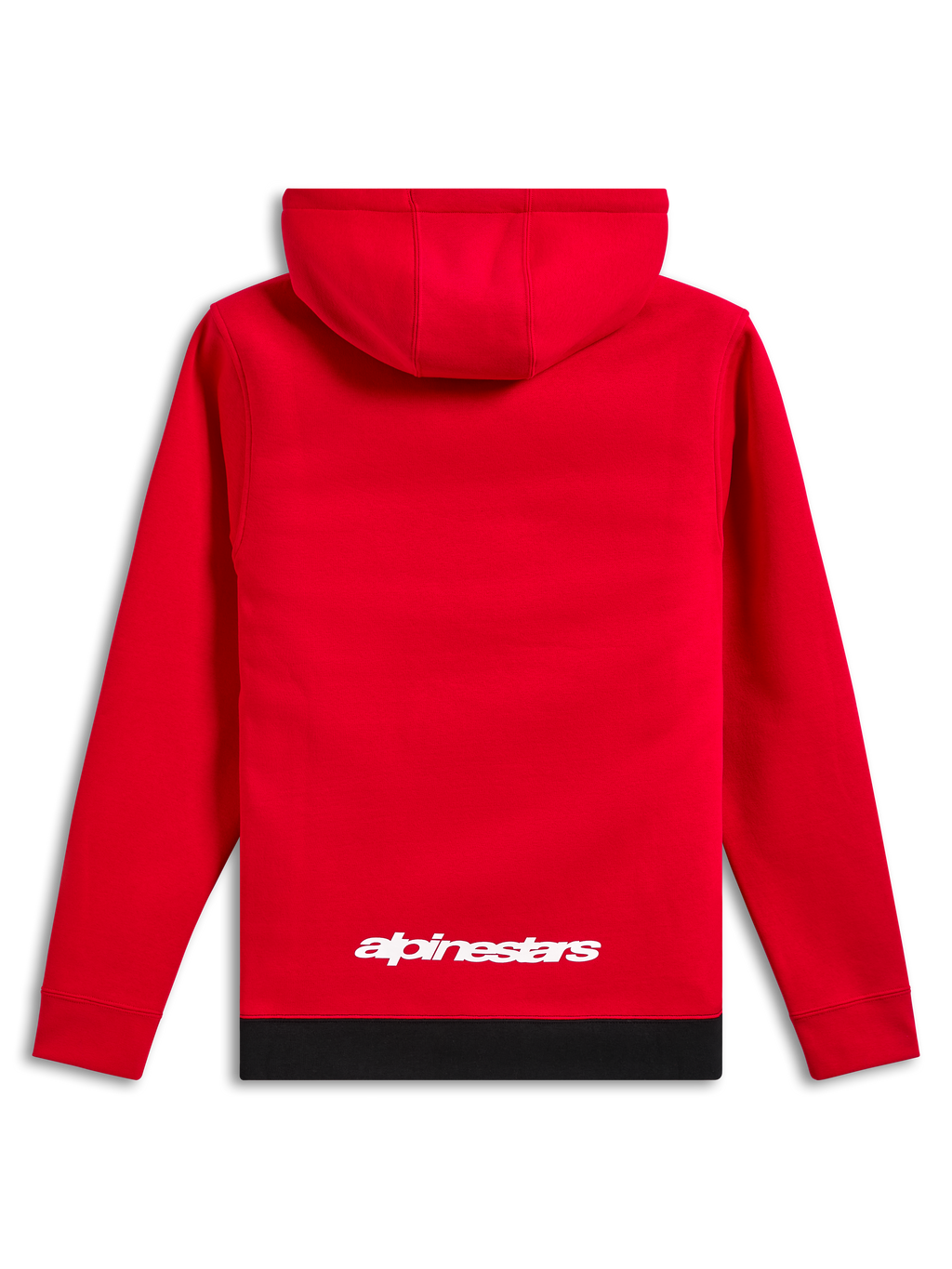 Alpinestars Parallel Kapuzenpullover, lässige Streetwear, Rot mit schwarzem Rippsaum, weißes Alpinestars-Logo auf dem unteren Rücken, Kapuzenpullover-Design, Rückansicht