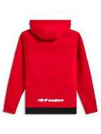 Alpinestars Parallel Kapuzenpullover, lässige Streetwear, Rot mit schwarzem Rippsaum, weißes Alpinestars-Logo auf dem unteren Rücken, Kapuzenpullover-Design, Rückansicht