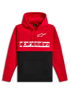 Alpinestars Parallel Hoodie, Fleece-Kapuzenpullover, rot-schwarzes Color-Block-Design, weißes Astars-Logo und rotes Alpinestars-Wortlogo auf einem weißen Brustbalken, Kapuze mit Kordelzug, Kängurutasche, lässige Motorsport-Streetwear
