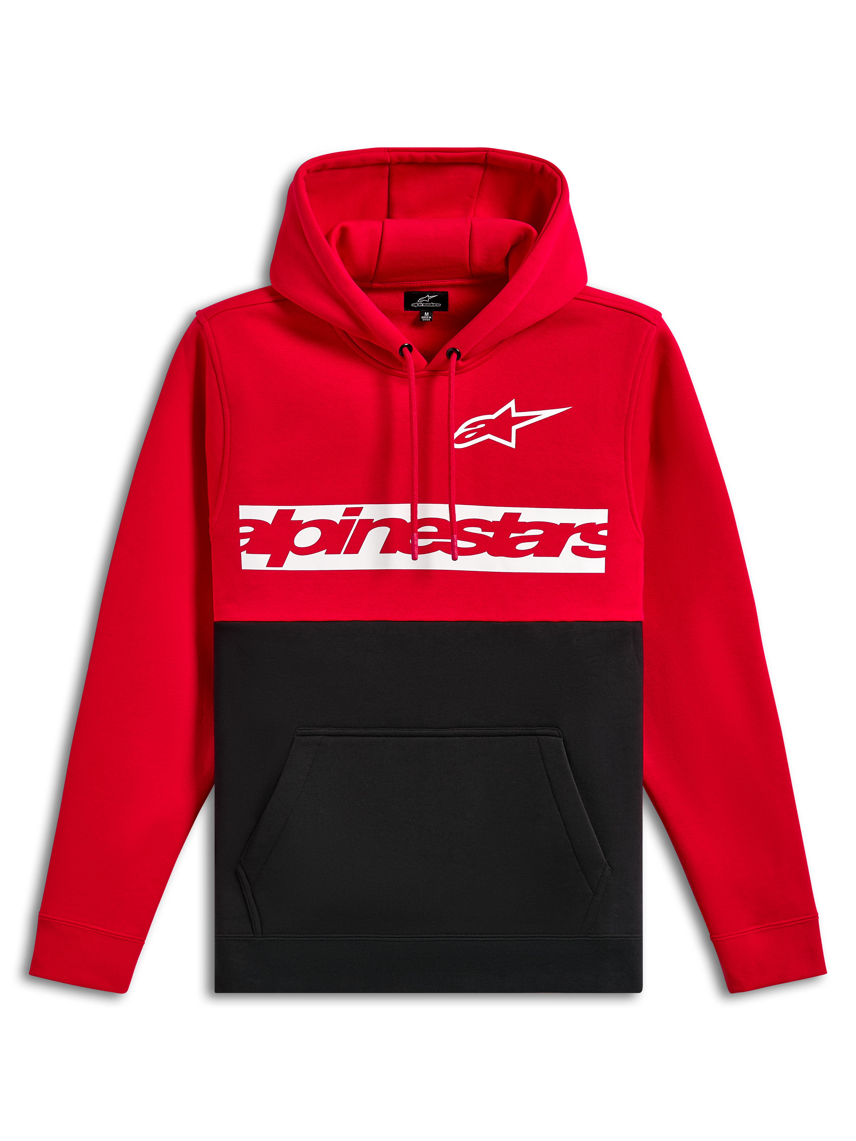 Alpinestars Parallel Hoodie, Fleece-Kapuzenpullover, rot-schwarzes Color-Block-Design, weißes Astars-Logo und rotes Alpinestars-Wortlogo auf einem weißen Brustbalken, Kapuze mit Kordelzug, Kängurutasche, lässige Motorsport-Streetwear