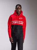 Alpinestars Parallel Hoodie, lässige Streetwear, rot-schwarzes Color-Block-Design, großes weißes Alpinestars-Wortlogo und Astars-Logo auf der Brust, Kapuze mit Kordelzug, Kängurutasche vorne, vom Motorsport inspiriertes Design
