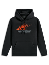 Alpinestars Pulse Hoodie, schwarze Freizeit-Sportbekleidung, mit orangefarbenem Astars-Logo und Speed-Line-Fade auf der Brust, grauem Alpinestars-Branding, Kängurutasche vorne und Kapuze mit Kordelzug