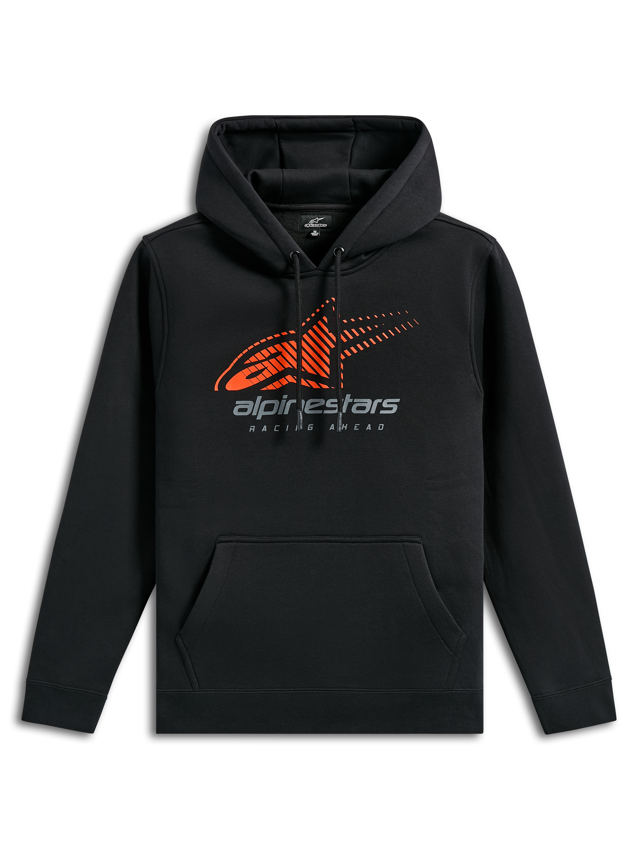 Alpinestars Pulse Hoodie, schwarze Freizeit-Sportbekleidung, mit orangefarbenem Astars-Logo und Speed-Line-Fade auf der Brust, grauem Alpinestars-Branding, Kängurutasche vorne und Kapuze mit Kordelzug