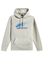 Alpinestars Pulse Hoodie, lässiger Kapuzenpullover, Off-White mit blauem Astars-Logo und grauem Branding, Kängurutasche vorne, Kapuze mit Kordelzug, lange Ärmel, modernes vom Motorsport inspiriertes Design