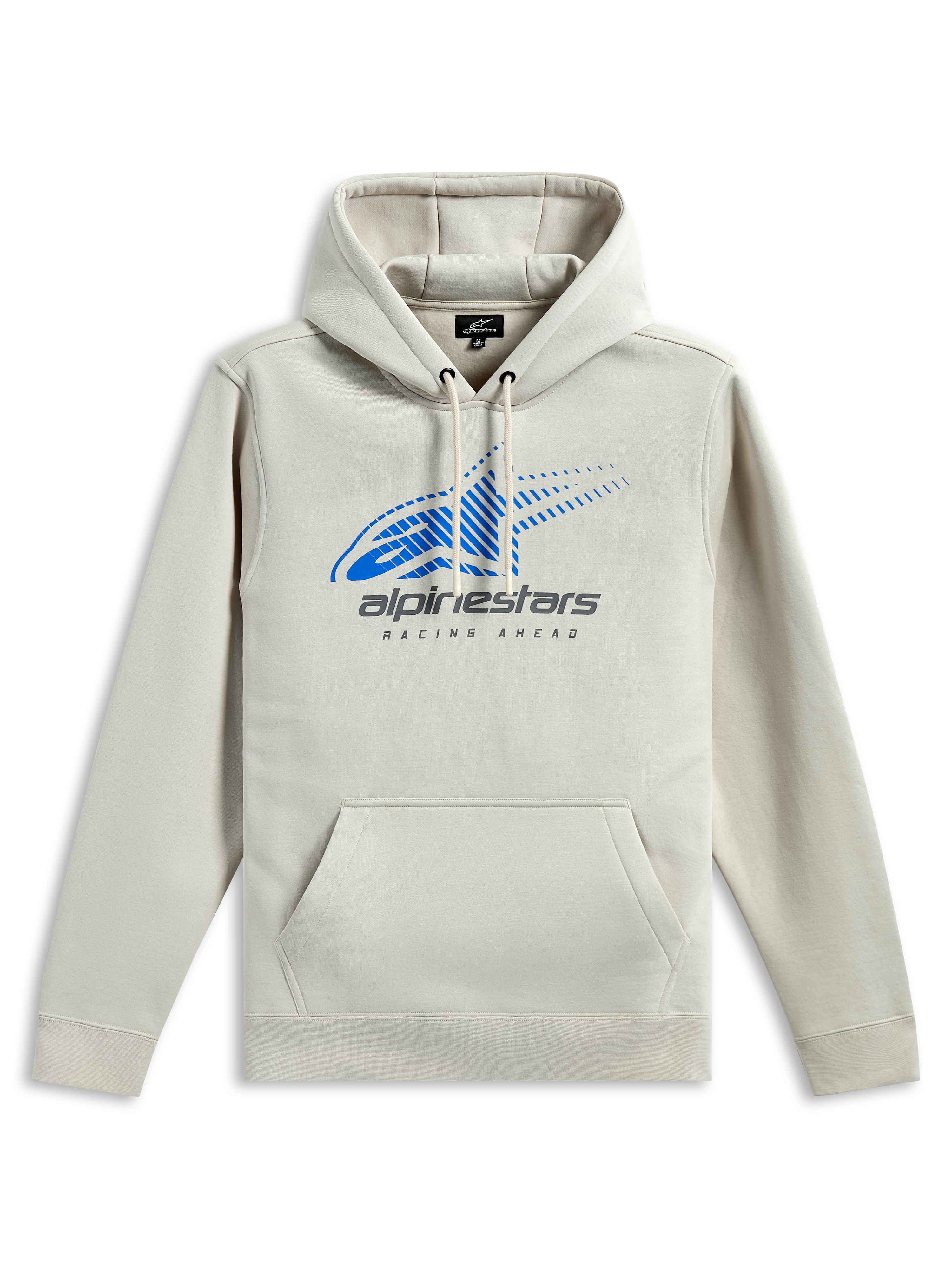 Alpinestars Pulse Hoodie, lässiger Kapuzenpullover, Off-White mit blauem Astars-Logo und grauem Branding, Kängurutasche vorne, Kapuze mit Kordelzug, lange Ärmel, modernes vom Motorsport inspiriertes Design