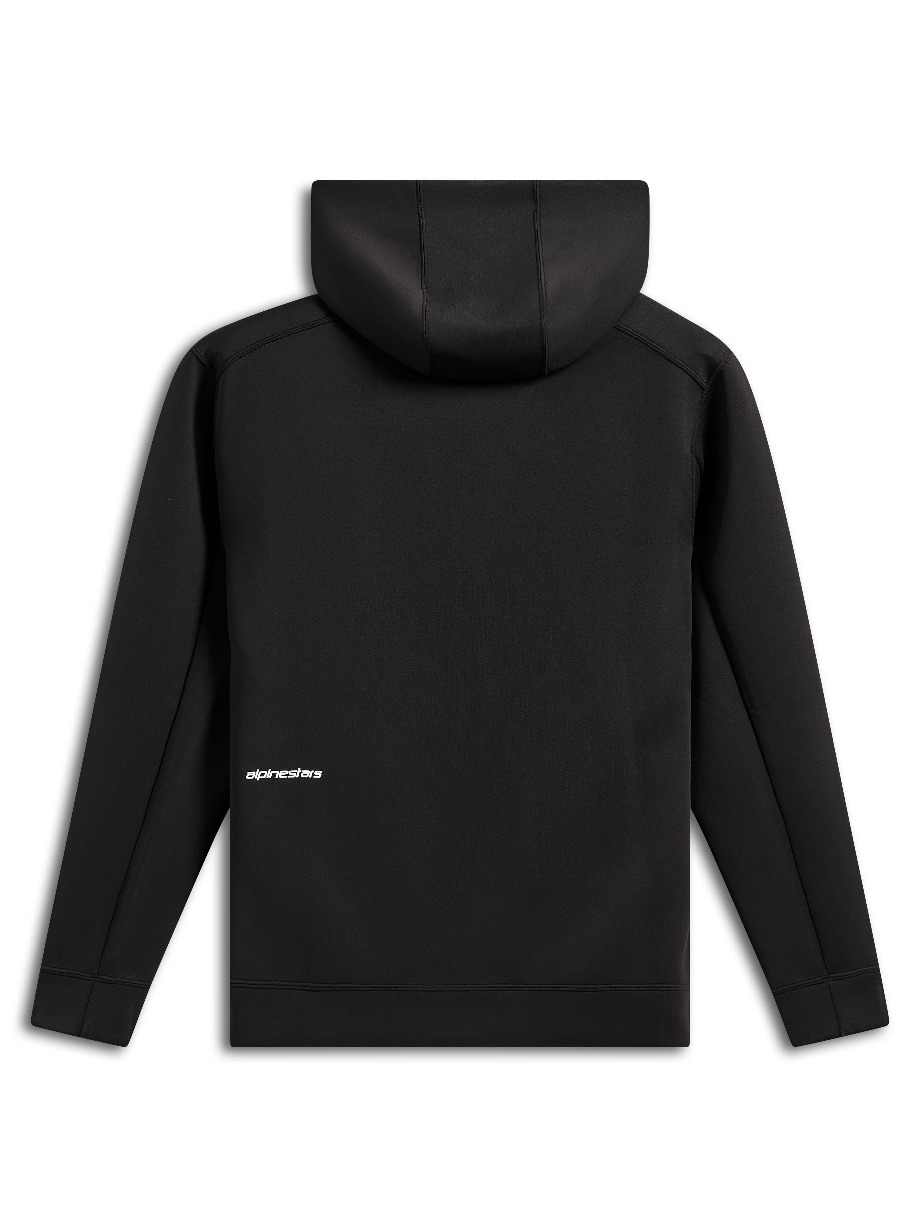 Alpinestars Cypher Hoodie, Rückansicht, Schwarz, lässiger Kapuzenpullover mit Reißverschluss aus Doppelvlies, kleines weißes Alpinestars-Wortlogo am unteren Rücken, Kapuze mit Mesh-Futter, modernes vom Motorsport inspiriertes Design