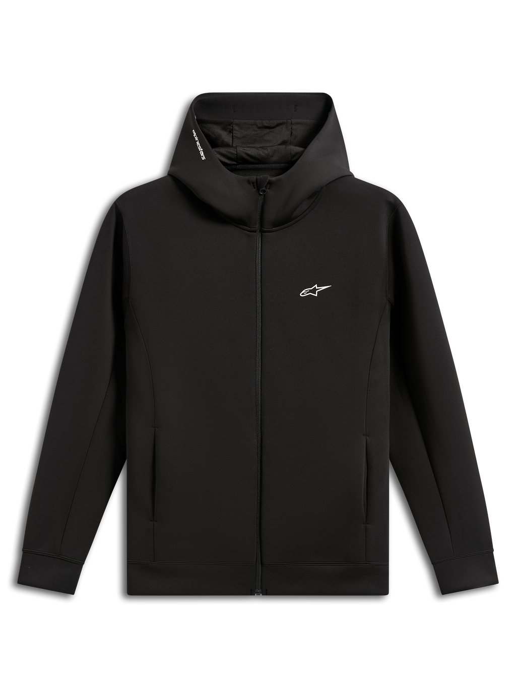 Alpinestars Cypher Hoodie, Schwarz, Doppelvlies mit Frontreißverschluss, Kapuze mit hohem Kragen und Mesh-Futter sowie Alpinestars Wortlogo, kleines weißes Astars Logo auf der Brust, Nahttaschen, lässige Motorsport-inspirierte Streetwear