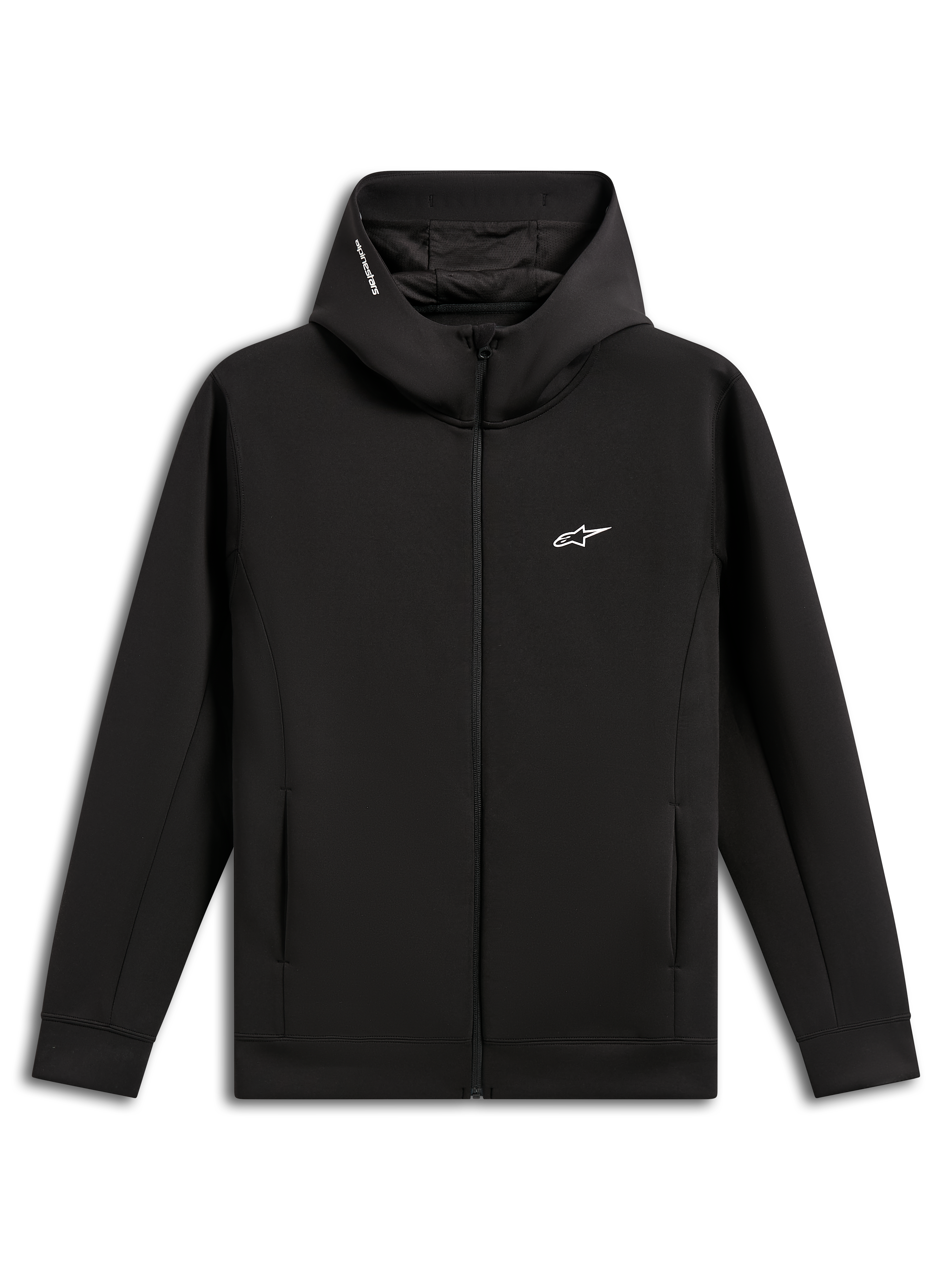 Alpinestars Cypher Hoodie, Schwarz, Doppelvlies mit Frontreißverschluss, Kapuze mit hohem Kragen und Mesh-Futter sowie Alpinestars Wortlogo, kleines weißes Astars Logo auf der Brust, Nahttaschen, lässige Motorsport-inspirierte Streetwear
