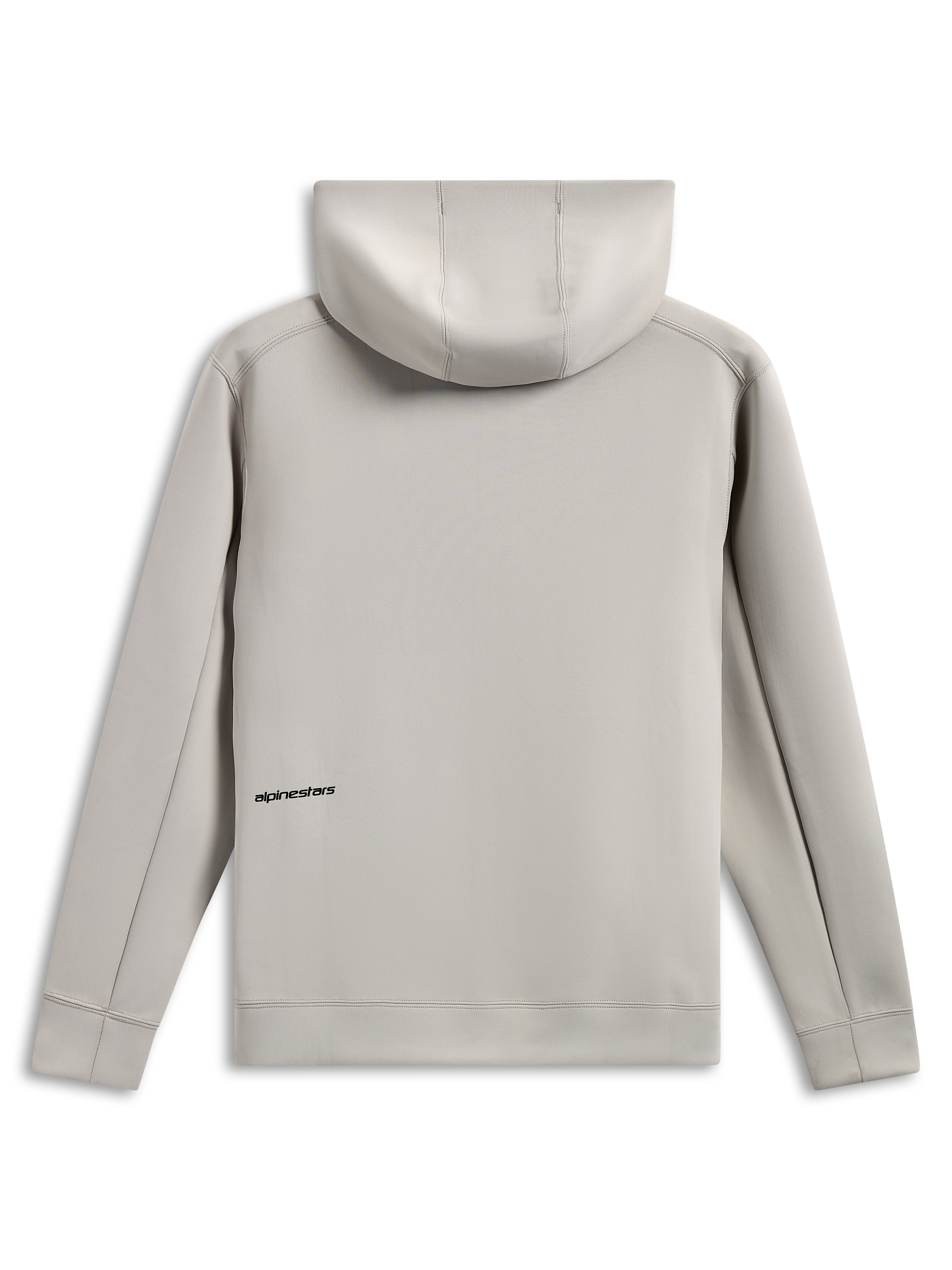 Alpinestars Cypher Hoodie, Rückansicht, Zementgrau, Tri-Blend-Doppelvlies, kleines schwarzes Wortlogo am unteren Rücken, Kapuze mit Mesh-Futter, lässige vom Motorsport inspirierte Streetwear