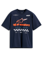 Alpinestars Aplomb Oversized CSF Tee, Kurzarm-T-Shirt, Navyblau, großes orangefarbenes Alpinestars-Logo mit gestreiftem Stern und Zielflaggen-Detail, lässige Motorsport-Streetwear